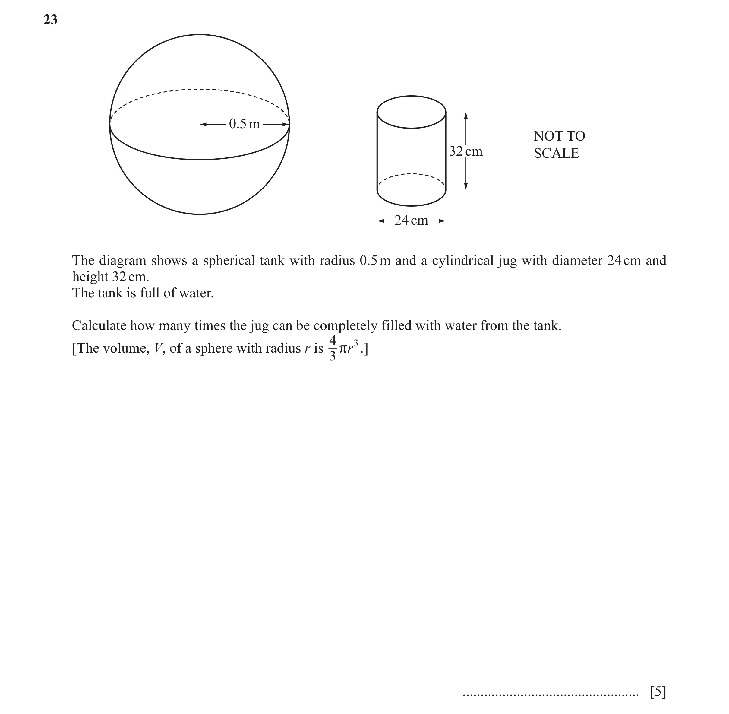 Question 56: 0.5 m NOT TO 32 cm SCALE 24 cm The diagram shows a spherical tank with radius 0.5 m and a cylindrical jug with diameter 24 cm and height 32…