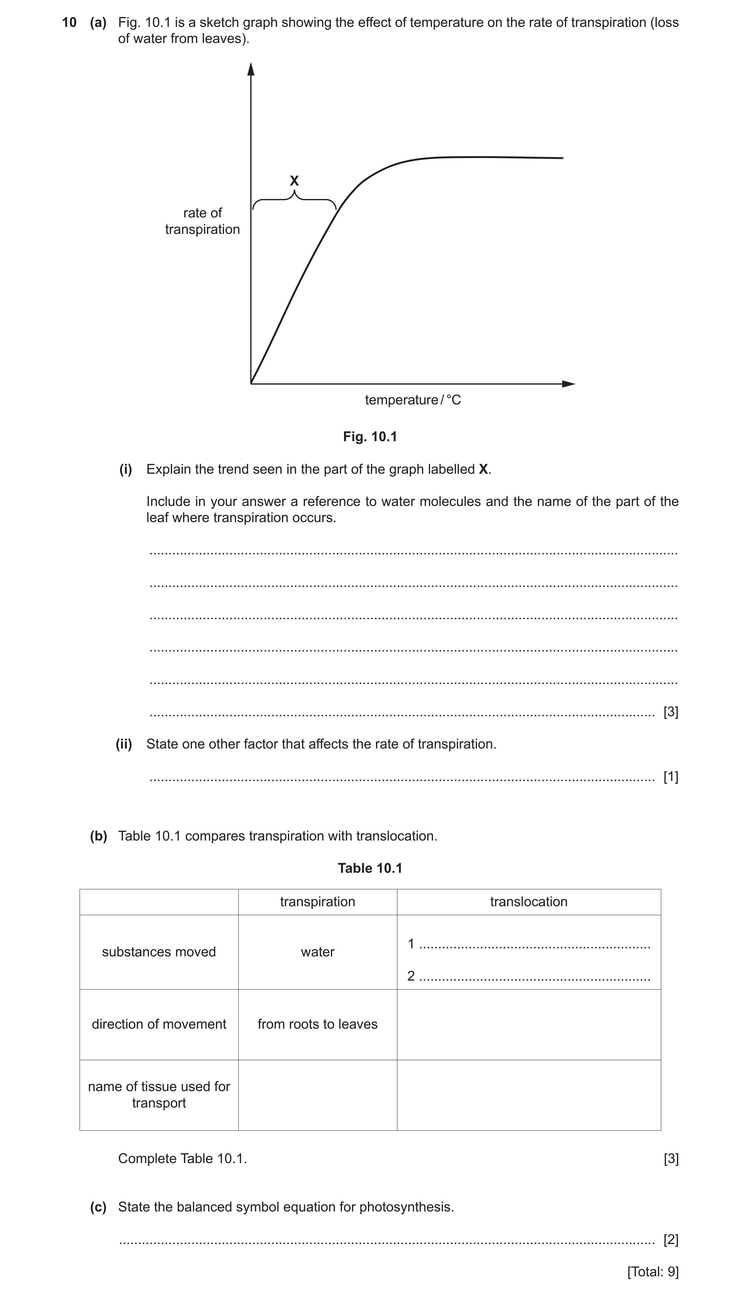 Question 7: (a) Fig. 10.1 is a sketch graph showing the effect of temperature on the rate of transpiration (loss of water from leaves). X rate of trans…