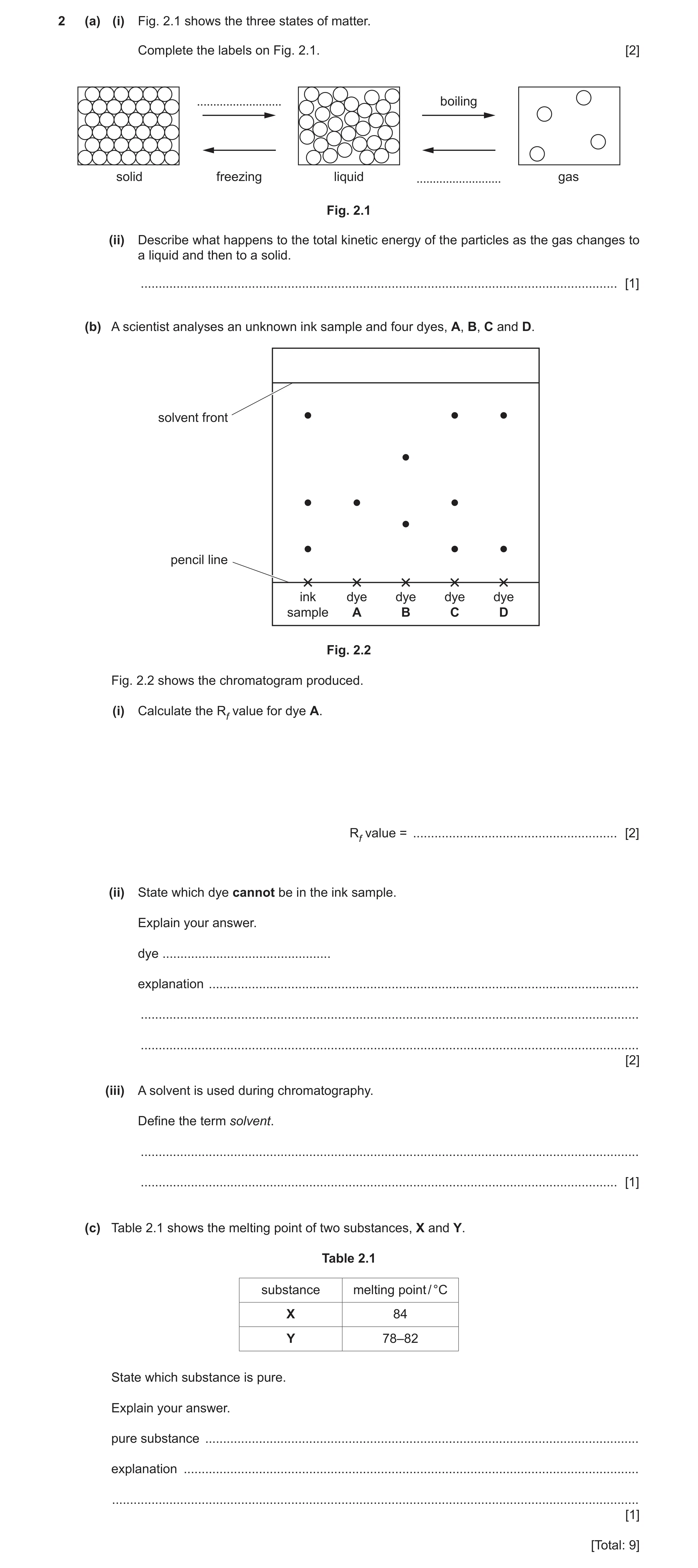 Question 6: (a) (i) Fig. 2.1 shows the three states of matter. Complete the labels on Fig. 2.1. [2] .......................... boiling solid freezing l…