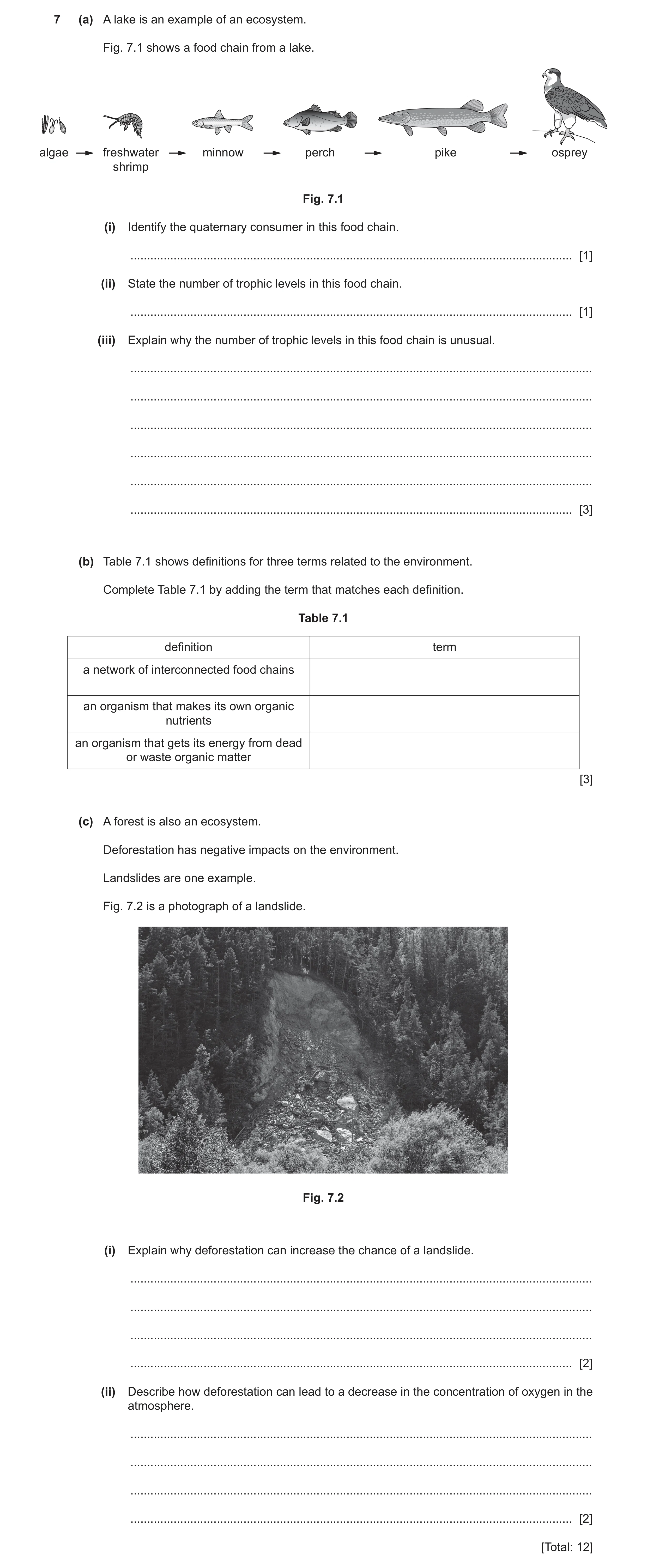 Question 5: (a) A lake is an example of an ecosystem. Fig. 7.1 shows a food chain from a lake. algae freshwater minnow perch pike osprey shrimp Fig. 7.…