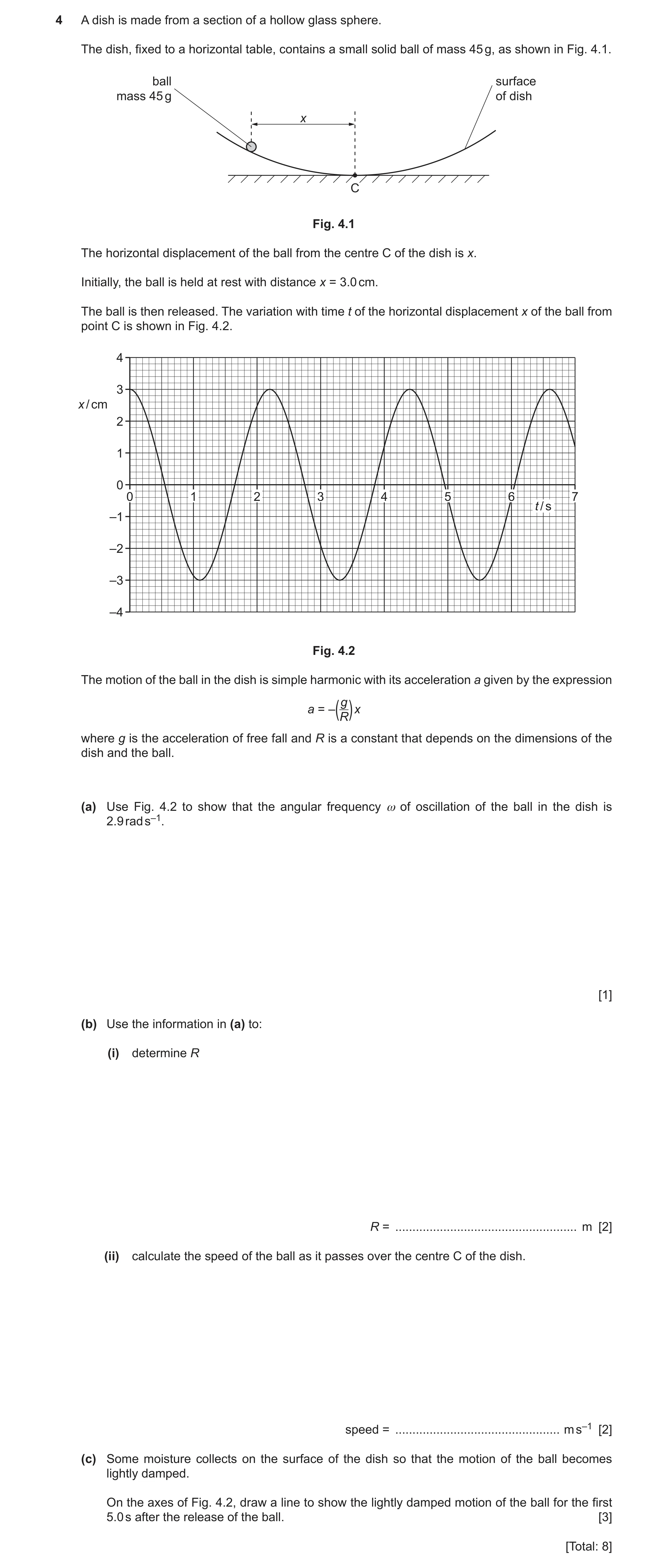 Question 23: A dish is made from a section of a hollow glass sphere. The dish, fixed to a horizontal table, contains a small solid ball of mass 45 g, as…