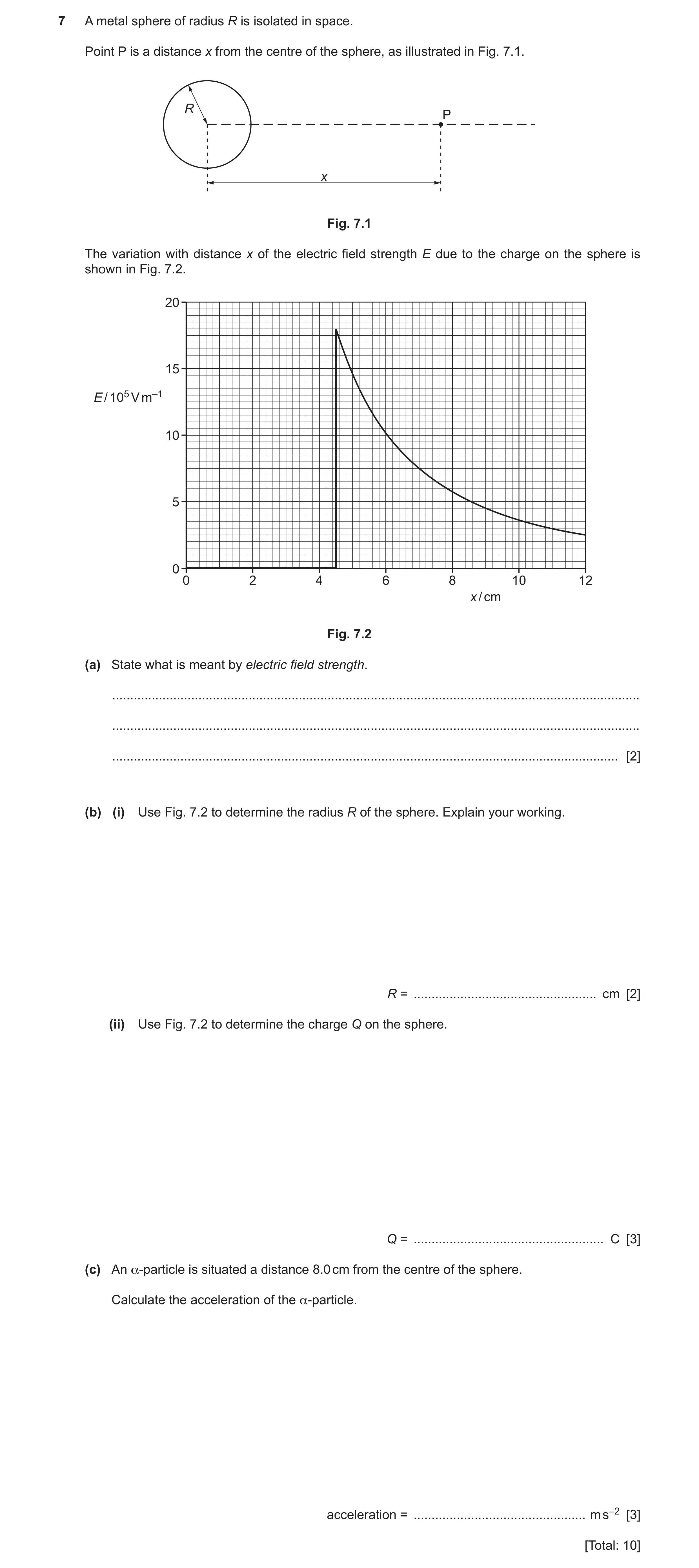 Question 8: A metal sphere of radius R is isolated in space. Point P is a distance x from the centre of the sphere, as illustrated in Fig. 7.1. R P x F…