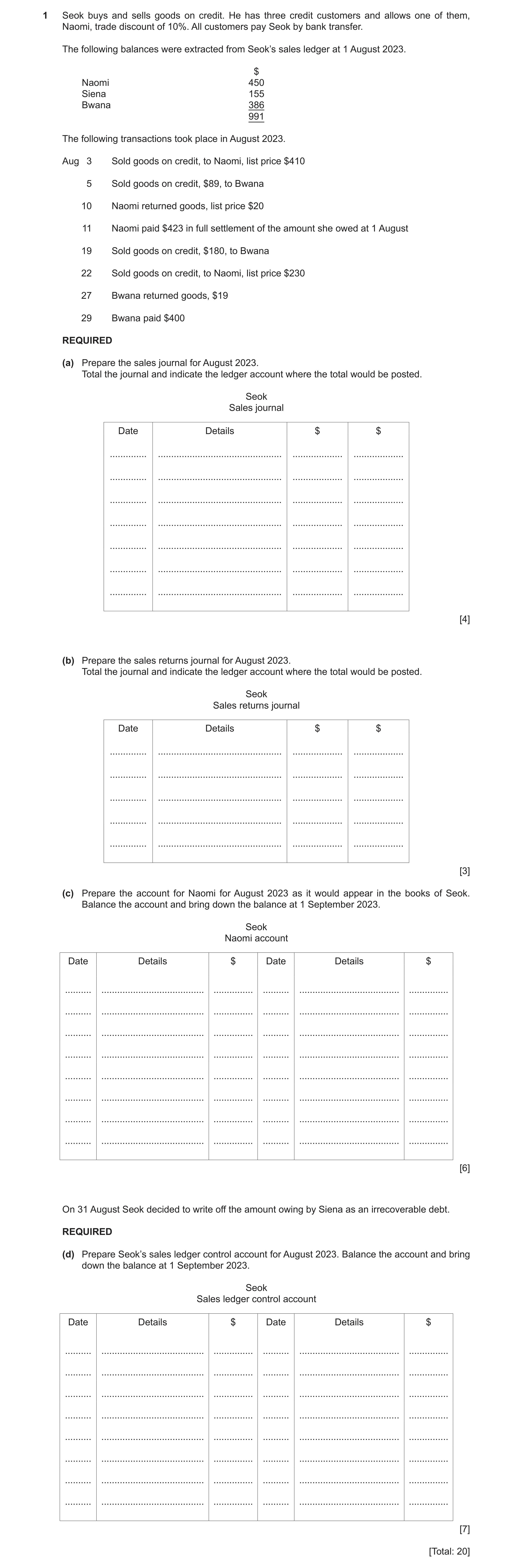 Question 12: Seok buys and sells goods on credit. He has three credit customers and allows one of them, Naomi, trade discount of 10%. All customers pay …