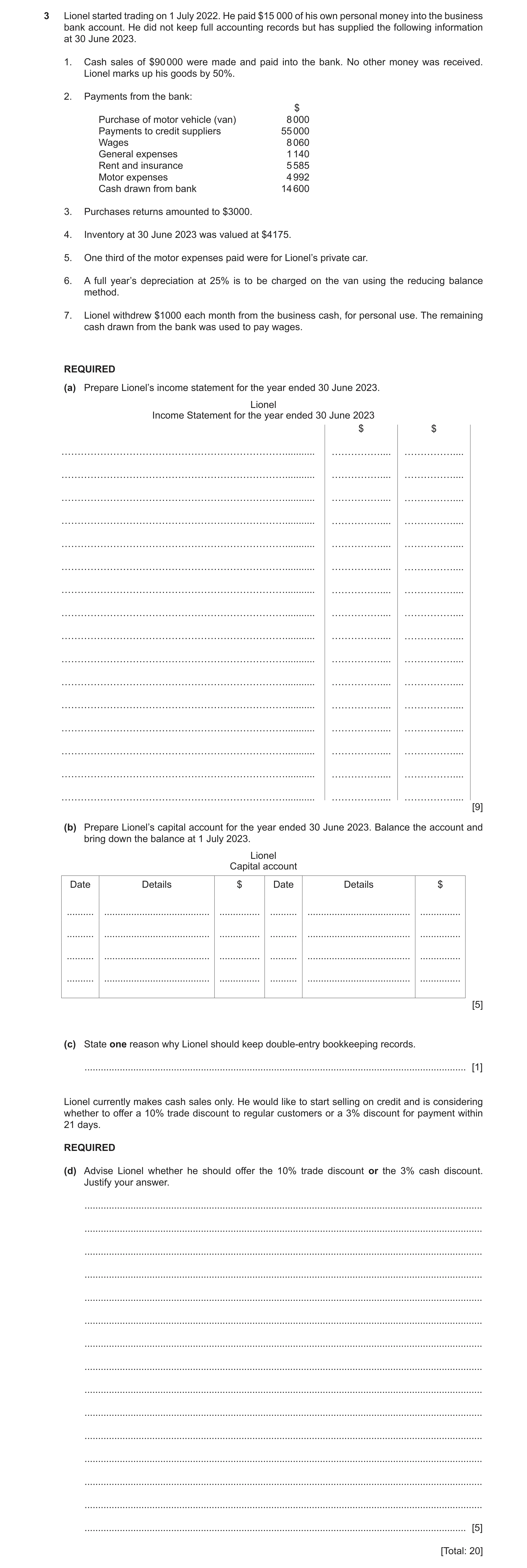 Question 6: Lionel started trading on 1 July 2022. He paid $15 000 of his own personal money into the business bank account. He did not keep full accou…