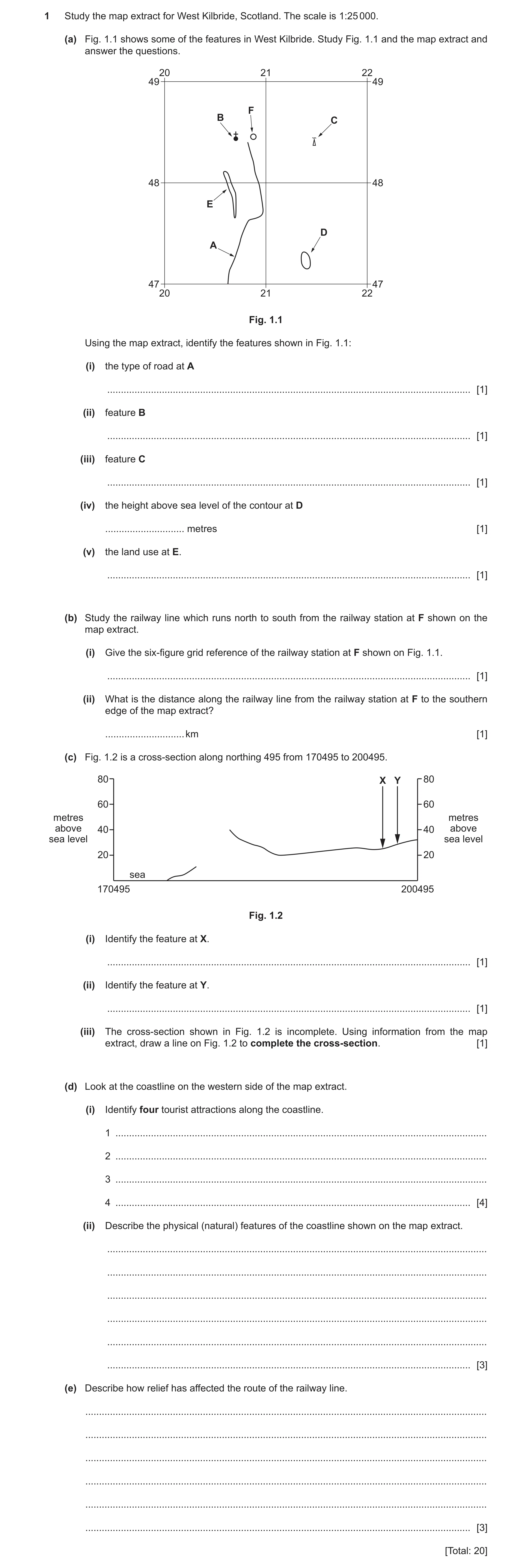 Question 45: Study the map extract for West Kilbride, Scotland. The scale is 1:25 000. (a) Fig. 1.1 shows some of the features in West Kilbride. Study F…