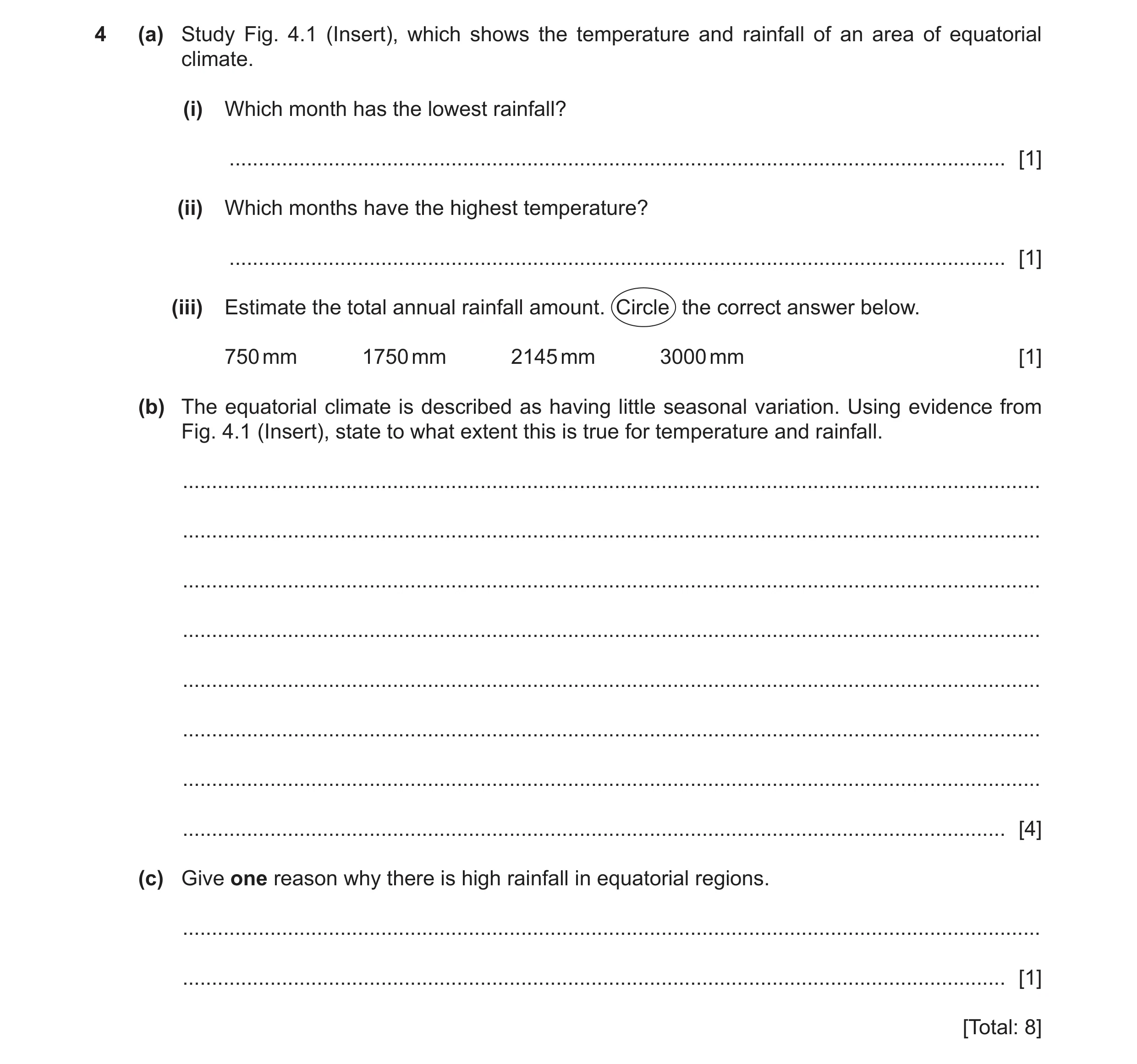 Question 30: (a) Study Fig. 4.1 (Insert), which shows the temperature and rainfall of an area of equatorial climate. (i) Which month has the lowest rain…