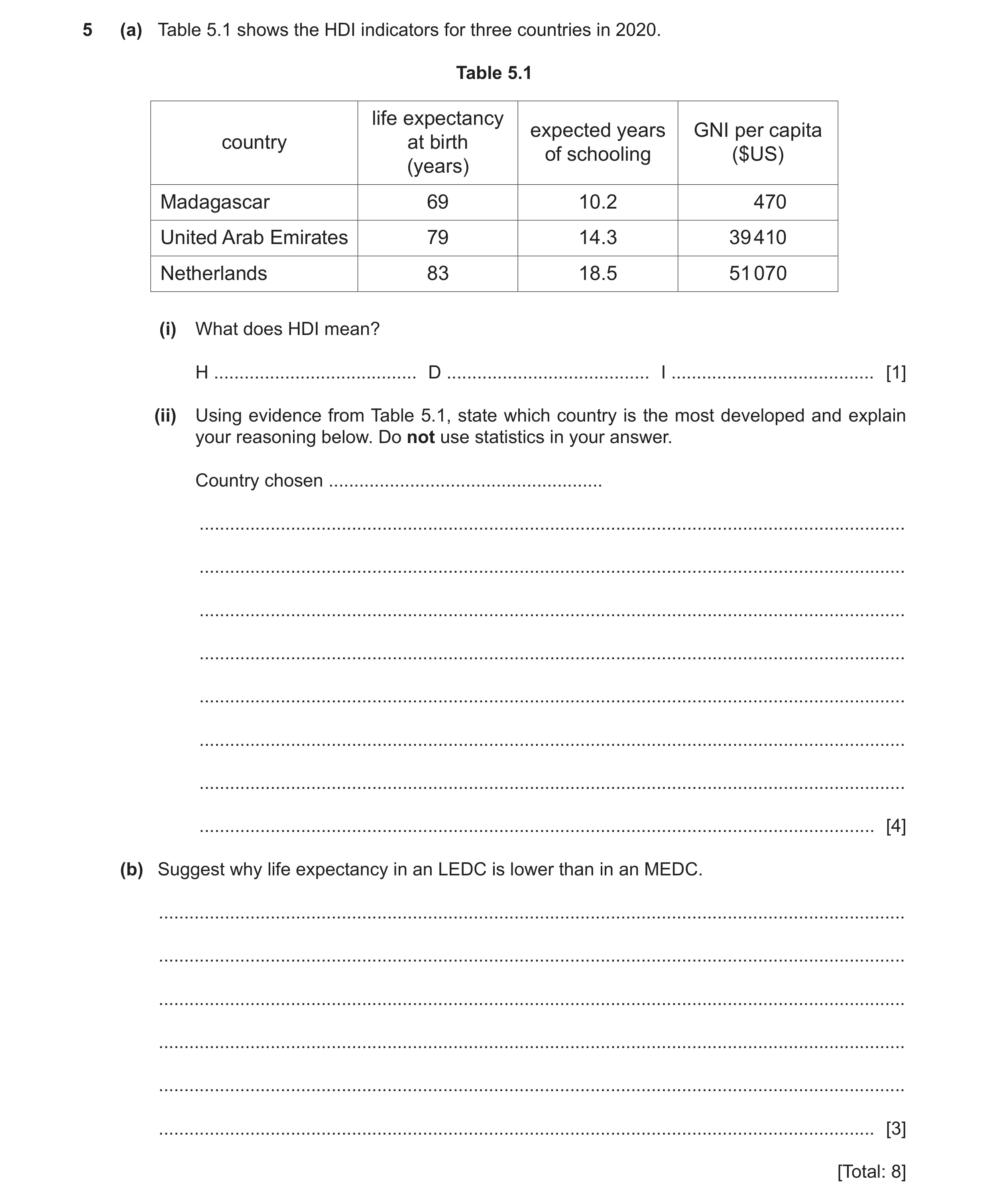 Question 11: (a) Table 5.1 shows the HDI indicators for three countries in 2020. Table 5.1 life expectancy expected years GNI per capita country at birt…