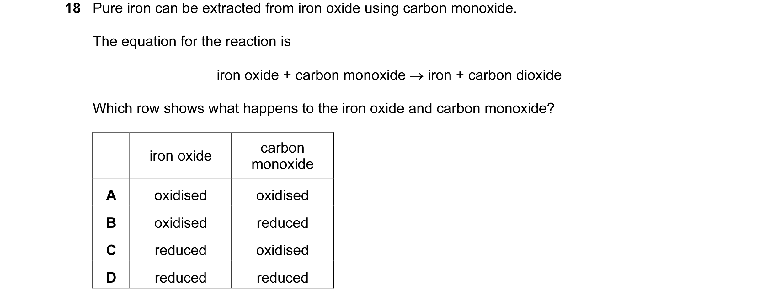 Question 22: Pure iron can be extracted from iron oxide using carbon monoxide. The equation for the reaction is iron oxide + carbon monoxide → iron + ca…