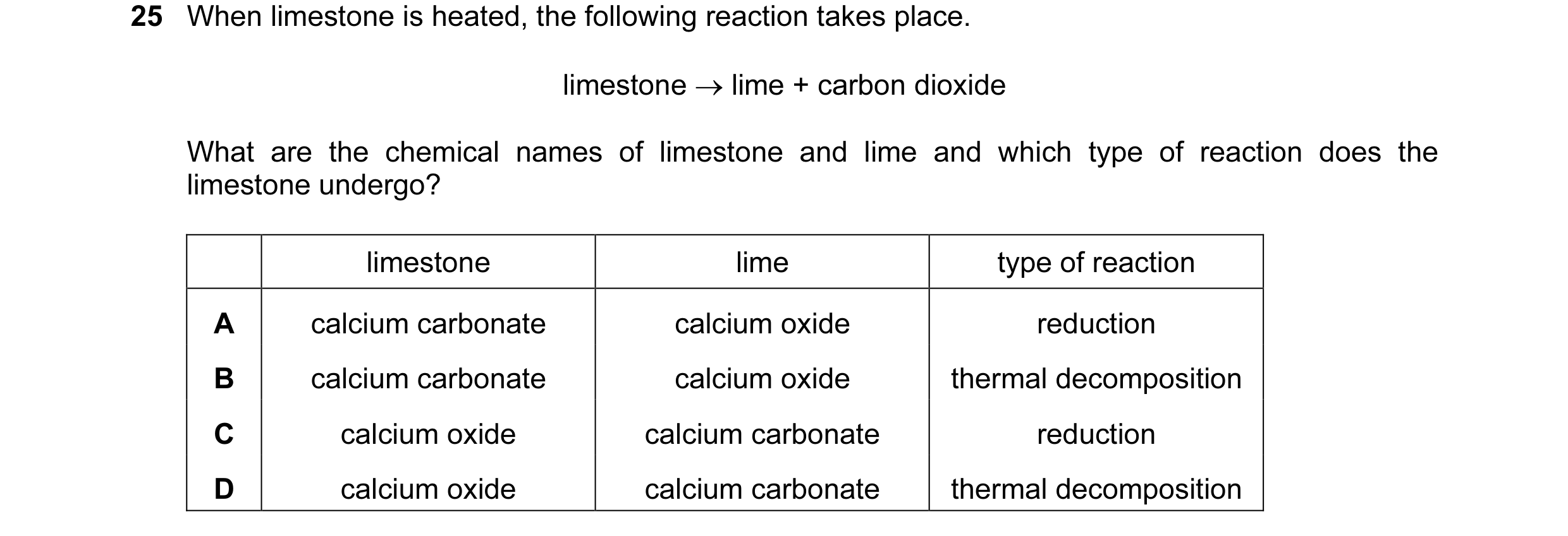 Question 19: When limestone is heated, the following reaction takes place. limestone → lime + carbon dioxide What are the chemical names of limestone an…