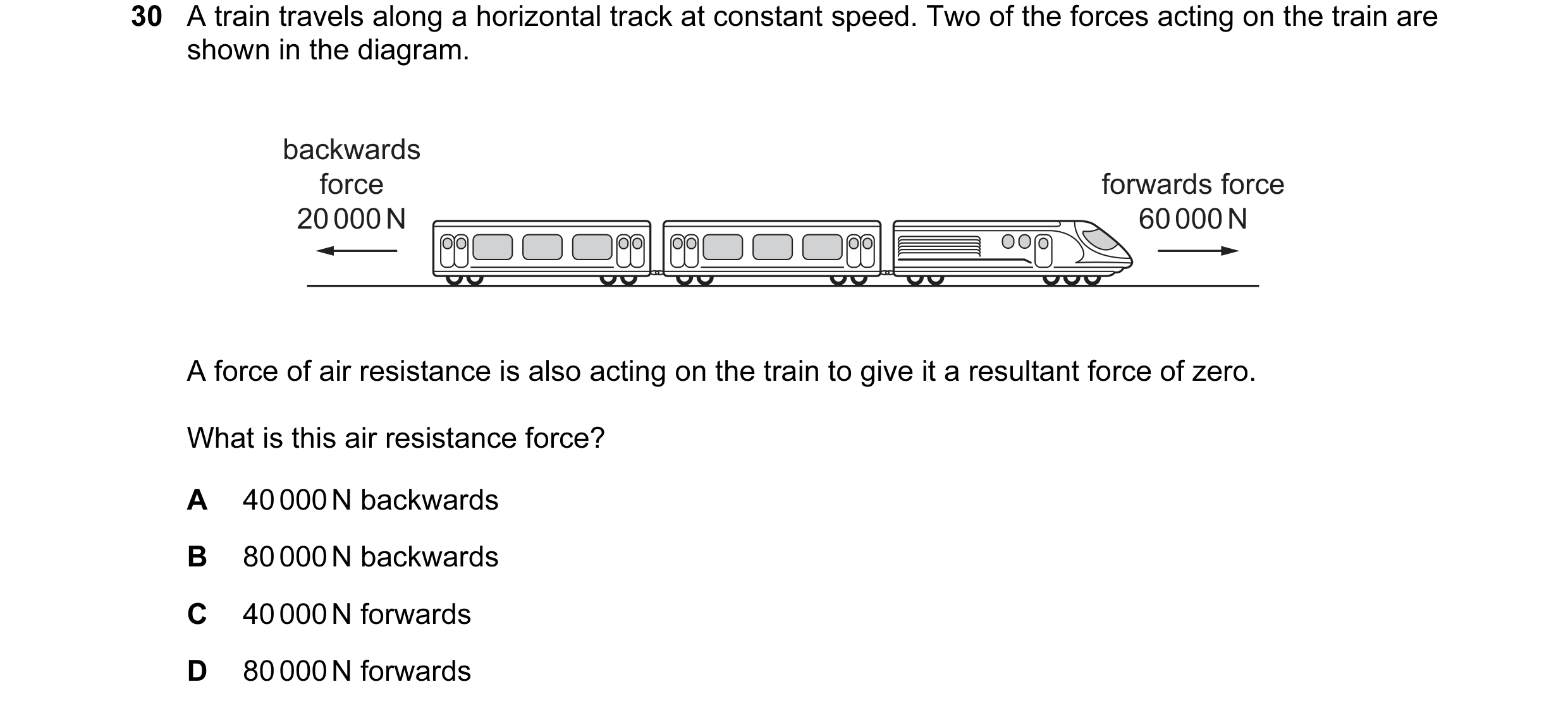 Question 25: A train travels along a horizontal track at constant speed. Two of the forces acting on the train are shown in the diagram. backwards force…