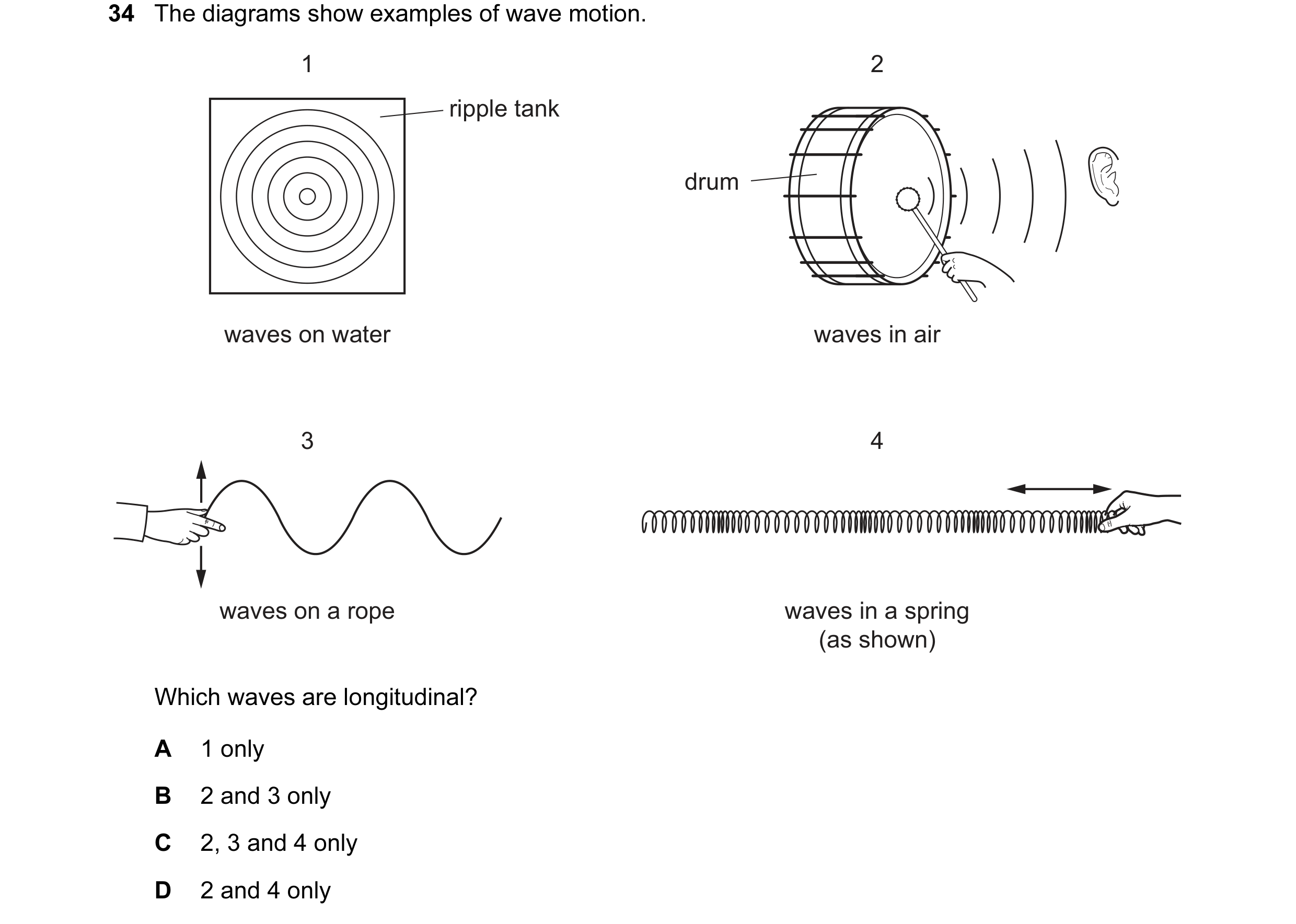 Question 27: The diagrams show examples of wave motion. 1 2 ripple tank drum waves on water waves in air 3 4 waves on a rope waves in a spring (as shown…