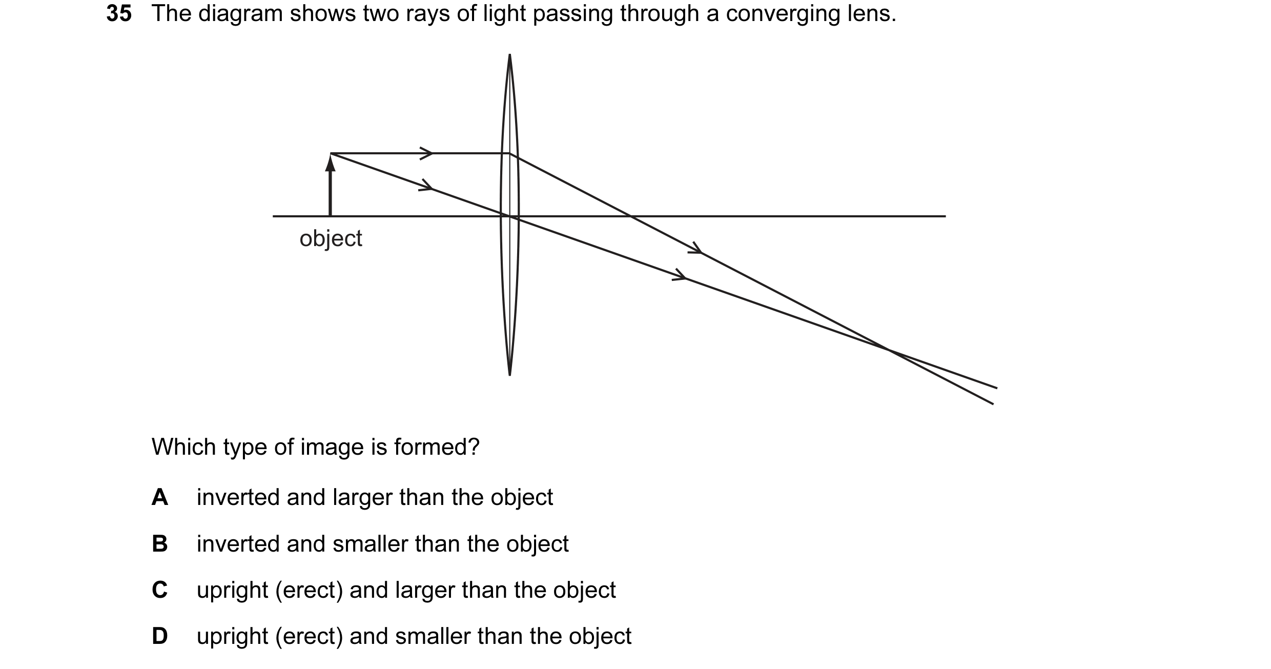 Question 34: The diagram shows two rays of light passing through a converging lens. object Which type of image is formed? A inverted and larger than the…