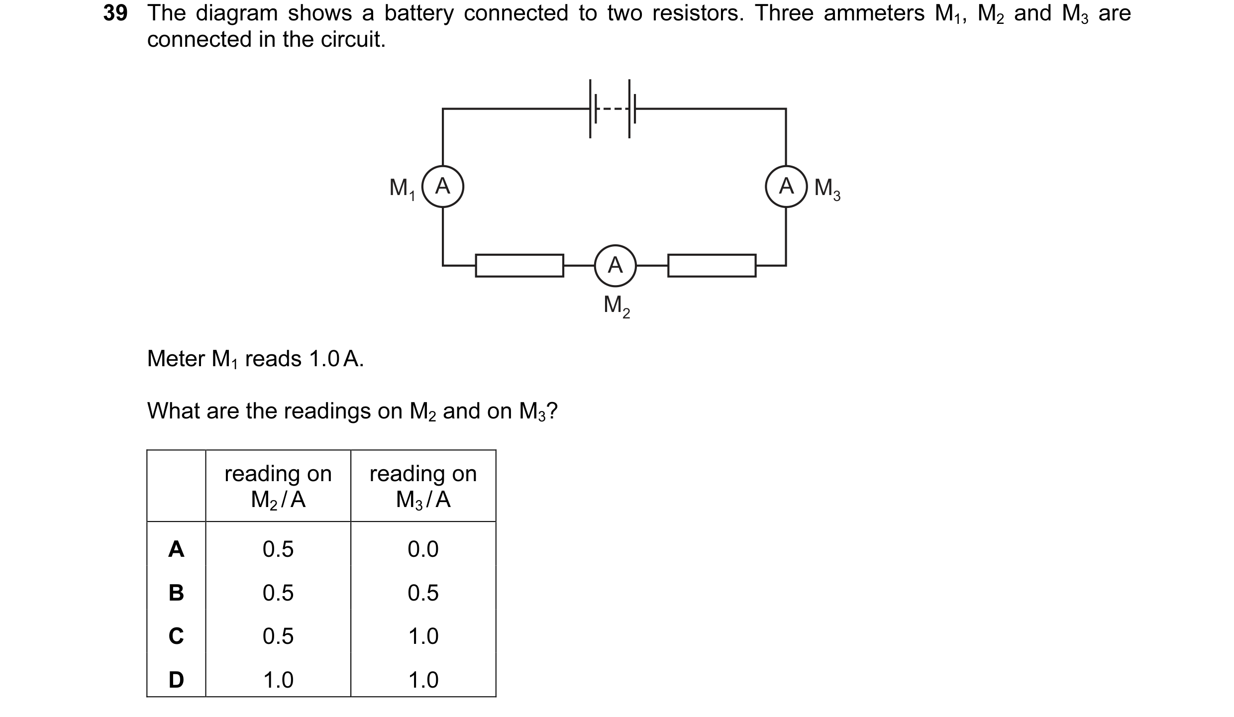 Question 46: The diagram shows a battery connected to two resistors. Three ammeters M1, M2 and M3 are connected in the circuit. M1 A A M3 A M2 Meter M1 …