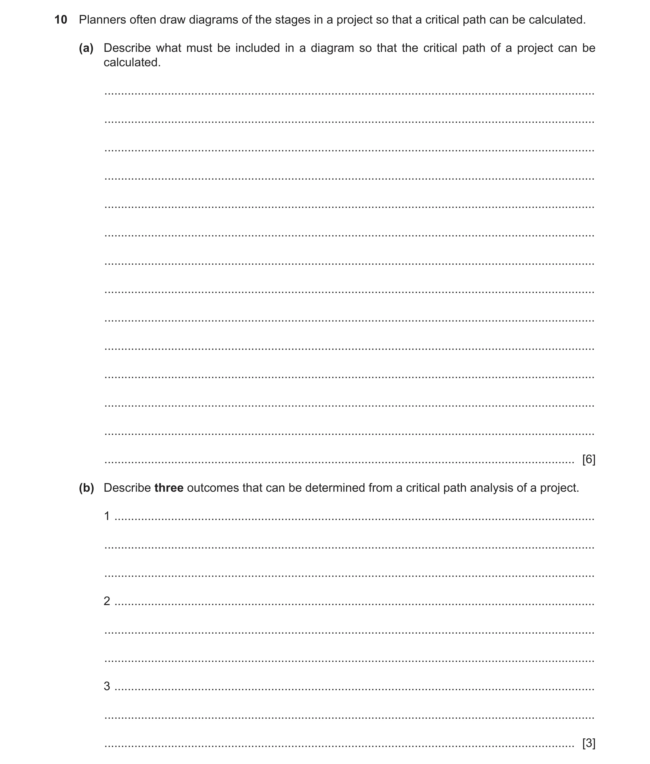 Question 12: Planners often draw diagrams of the stages in a project so that a critical path can be calculated. (a) Describe what must be included in a …