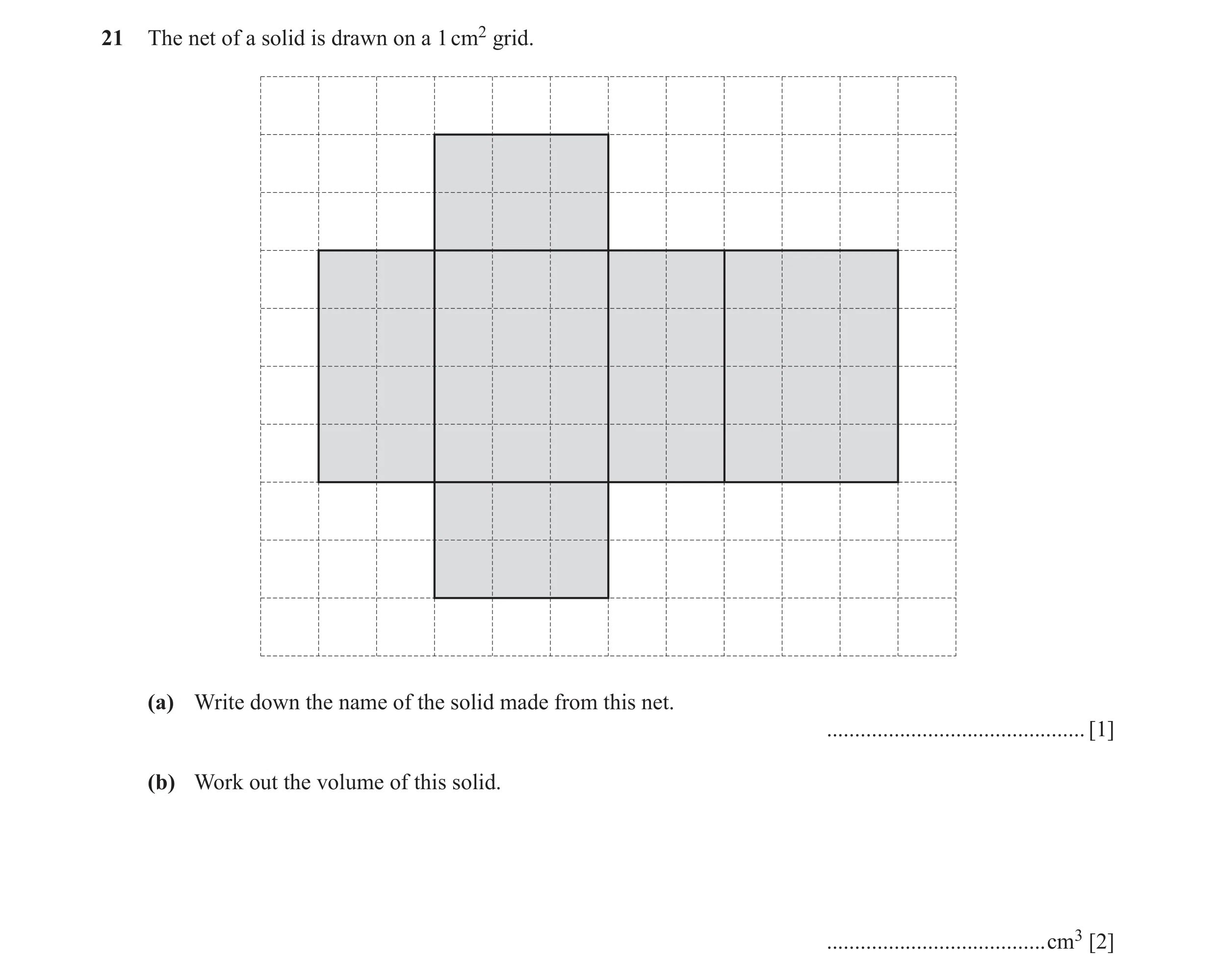 Question 31: The net of a solid is drawn on a 1 cm2 grid. (a) Write down the name of the solid made from this net. .....................................…