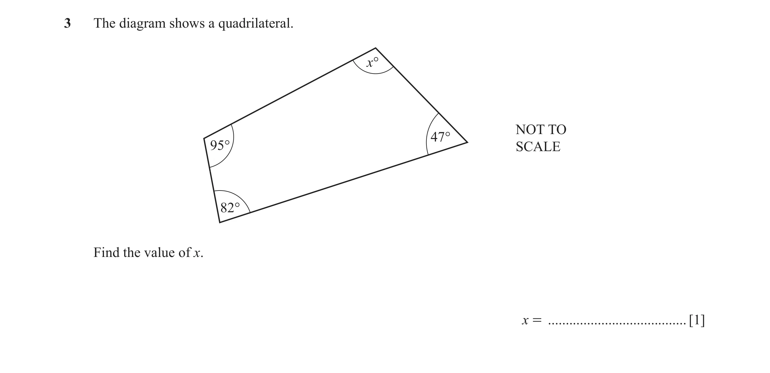 Question 71: The diagram shows a quadrilateral. x° NOT TO 47° 95° SCALE 82° Find the value of x. x = ....................................... [1]
