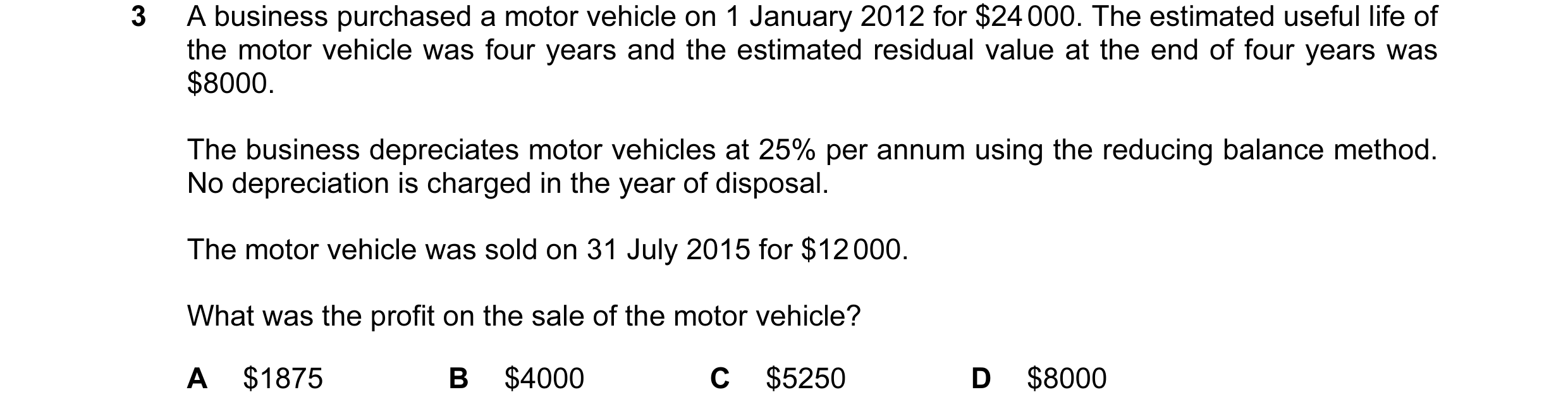 Question 109: A business purchased a motor vehicle on 1 January 2012 for $24 000. The estimated useful life of the motor vehicle was four years and the e…