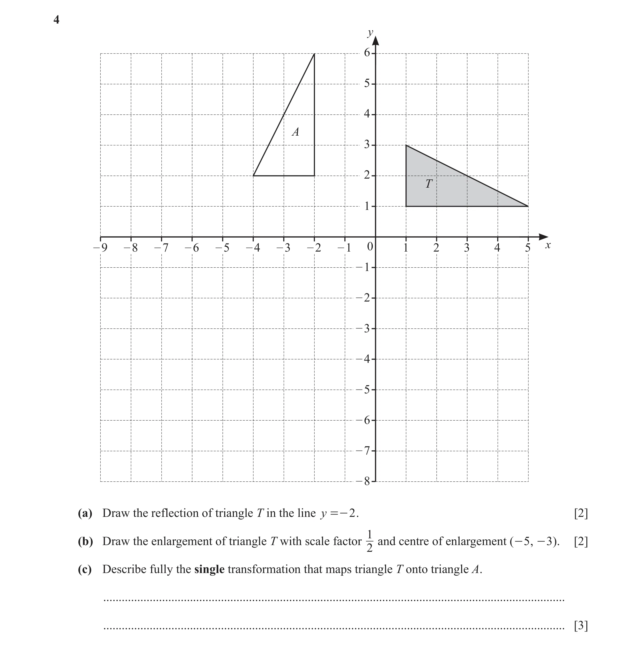 Question 31: y 6 5 4 A 3 2 T 1 – 9 – 8 – 7 – 6 – 5 – 4 – 3 – 2 – 1 0 1 2 3 4 5 x – 1 – 2 – 3 – 4 – 5 – 6 – 7 – 8 (a) Draw the reflection of triangle T i…