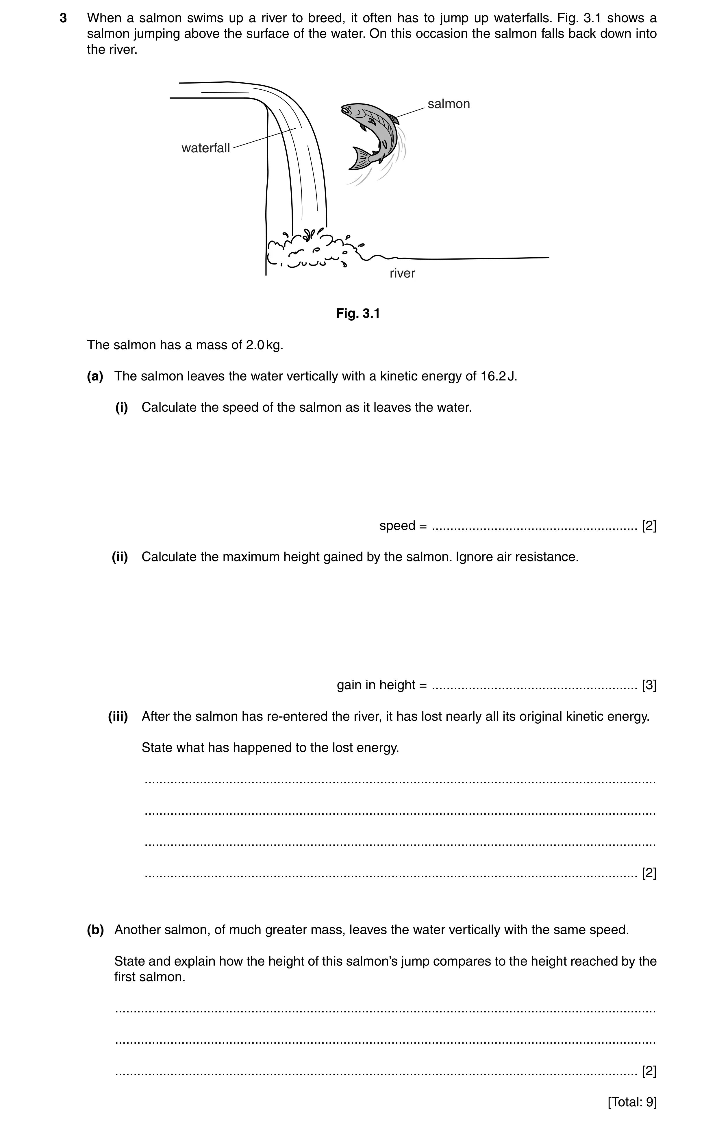 Question 44: When a salmon swims up a river to breed, it often has to jump up waterfalls. Fig. 3.1 shows a salmon jumping above the surface of the water…