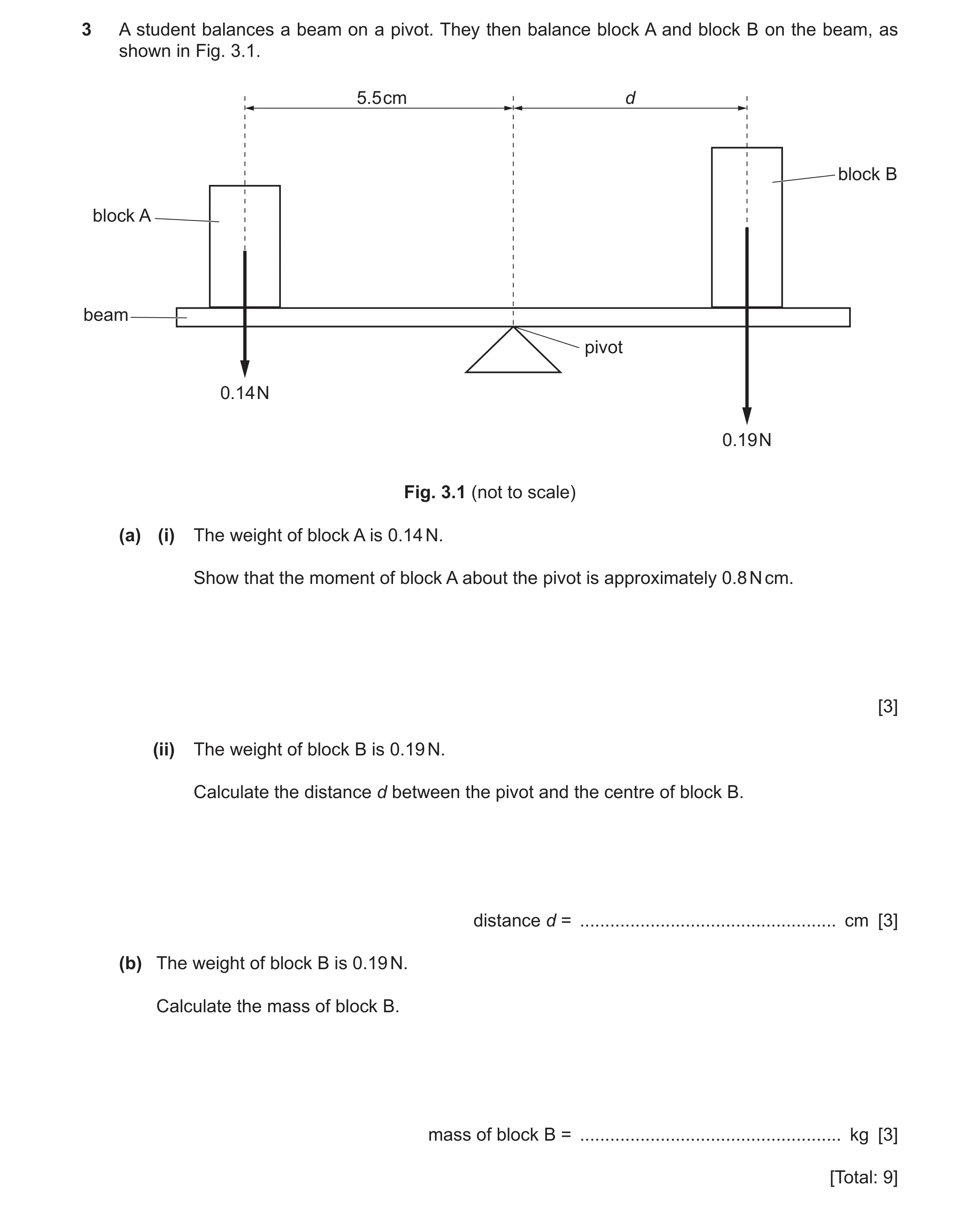 Question 54: A student balances a beam on a pivot. They then balance block A and block B on the beam, as shown in Fig. 3.1. 5.5 cm d block B block A bea…
