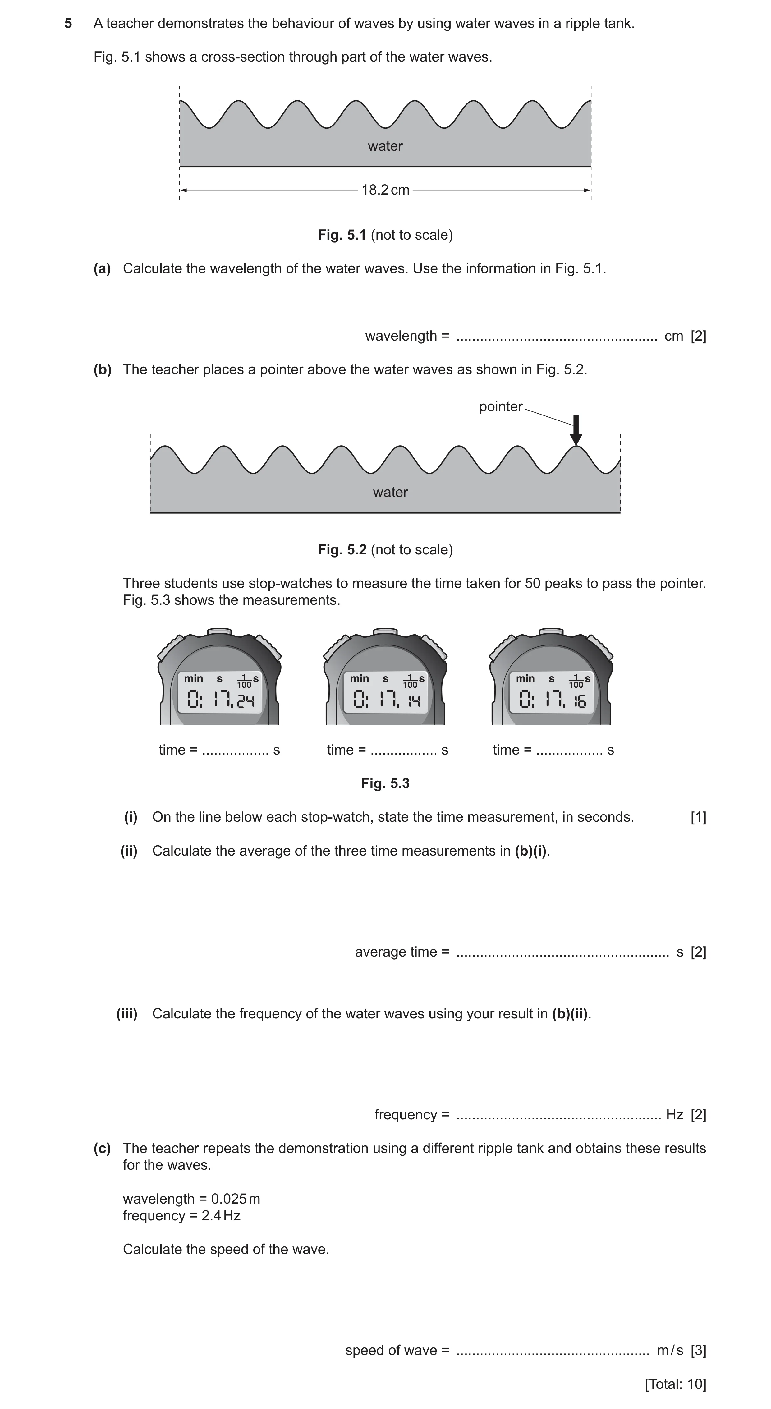 Question 22: A teacher demonstrates the behaviour of waves by using water waves in a ripple tank. Fig. 5.1 shows a cross-section through part of the wat…