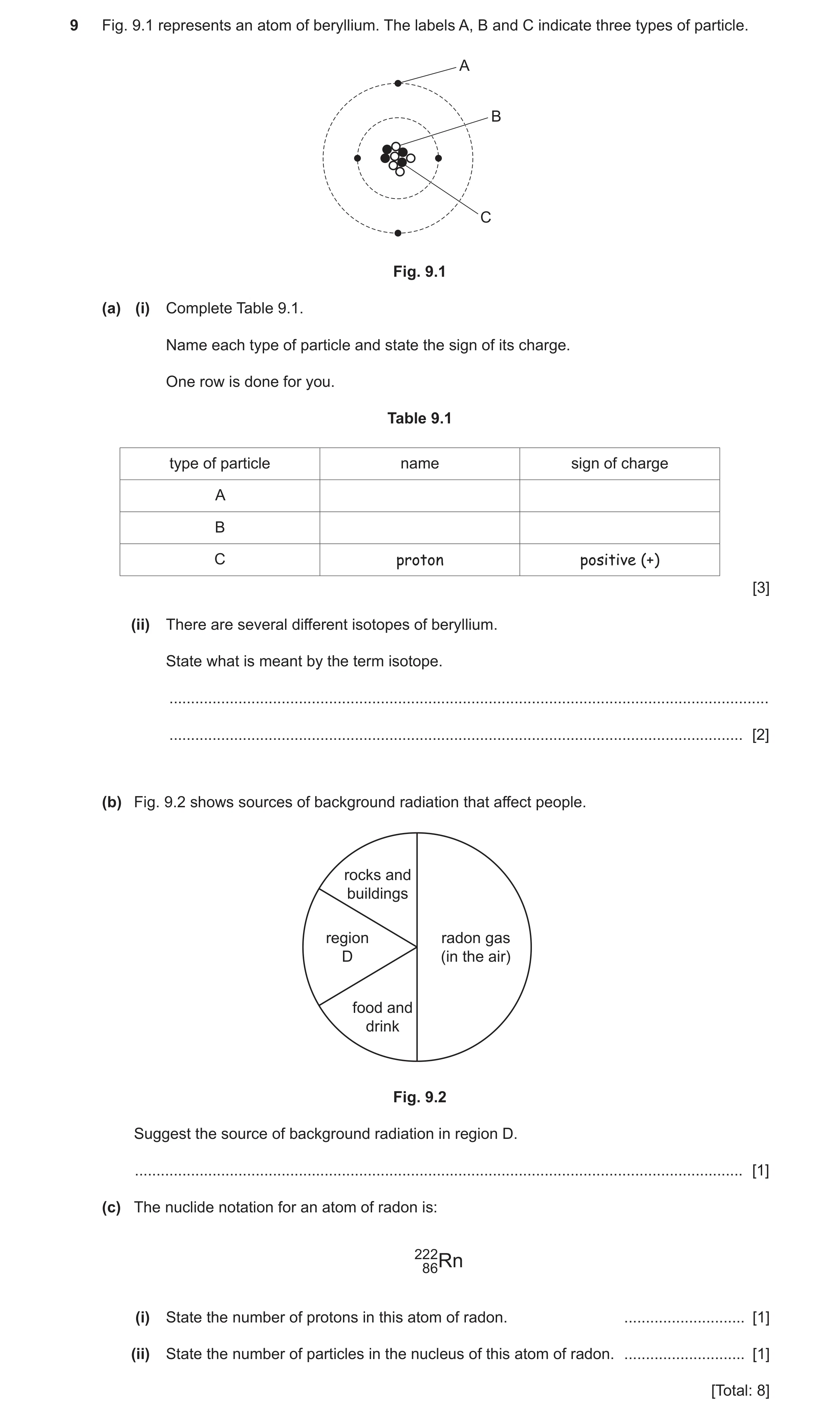 Question 58: Fig. 9.1 represents an atom of beryllium. The labels A, B and C indicate three types of particle. A B C Fig. 9.1 (a) (i) Complete Table 9.1…