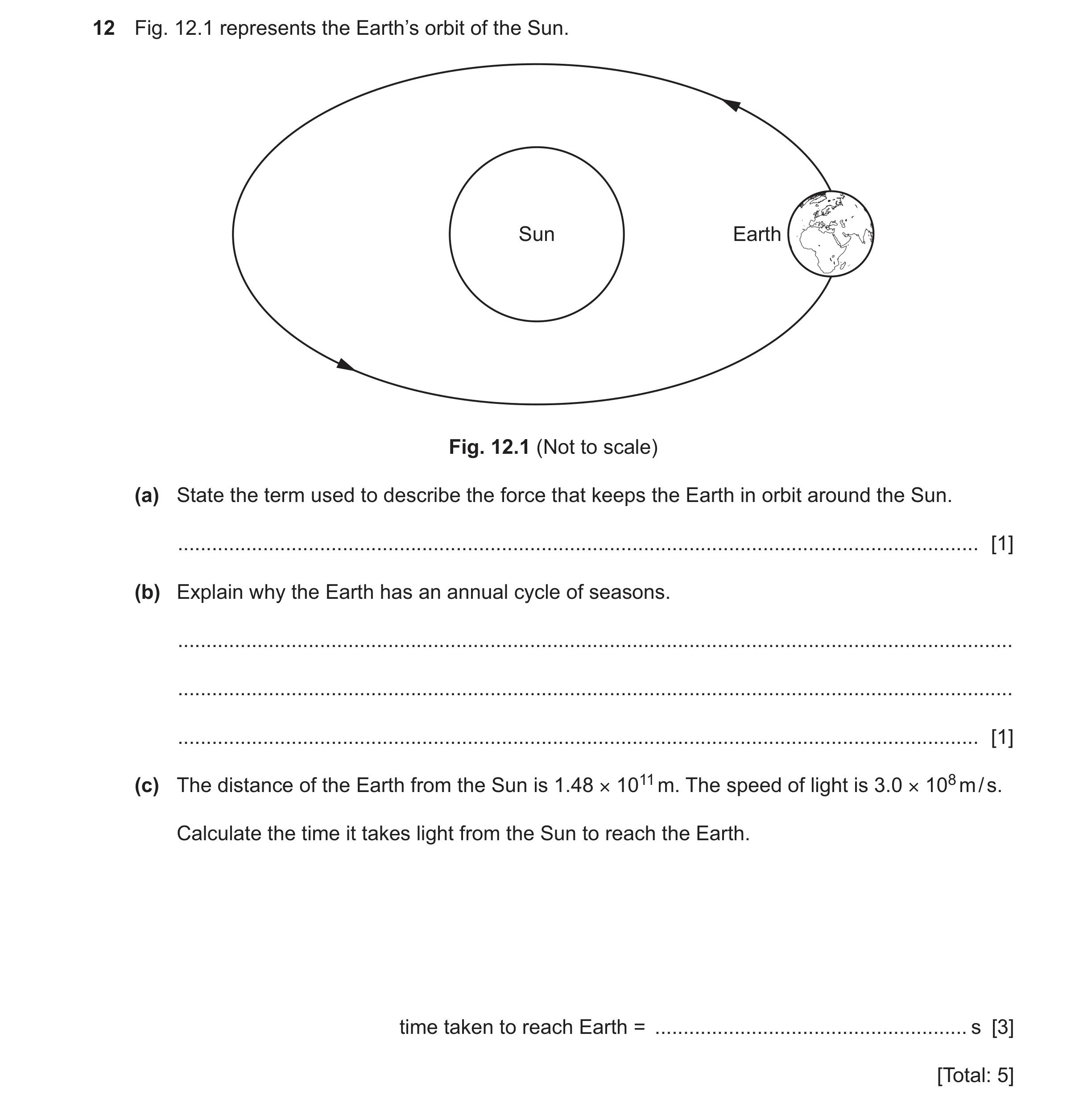 Question 68: Fig. 12.1 represents the Earth’s orbit of the Sun. Sun Earth Fig. 12.1 (Not to scale) (a) State the term used to describe the force that ke…