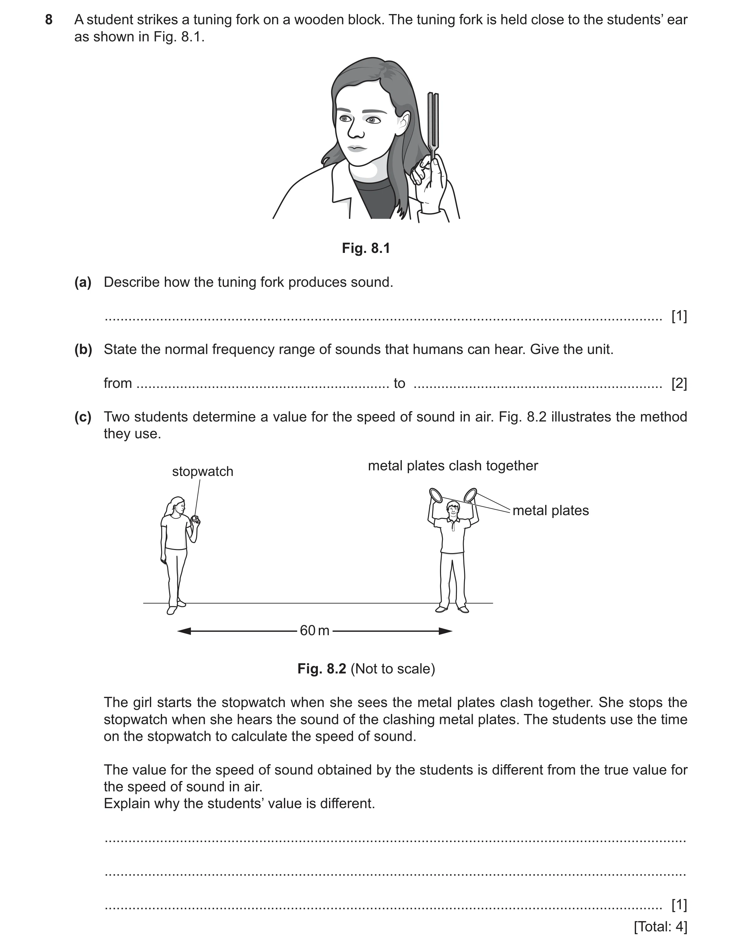 Question 25: A student strikes a tuning fork on a wooden block. The tuning fork is held close to the students’ ear as shown in Fig. 8.1. Fig. 8.1 (a) De…