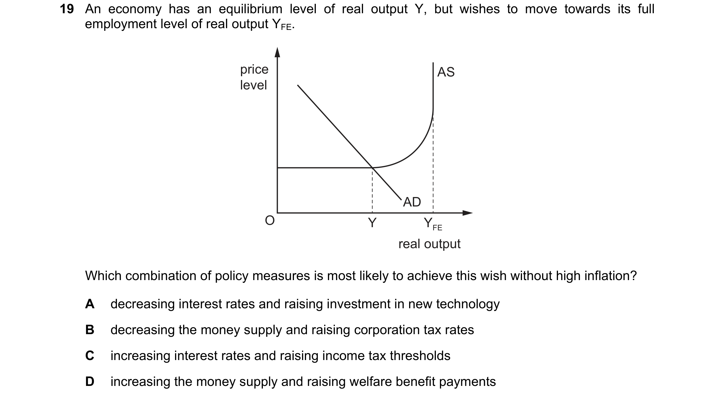 Question 56: An economy has an equilibrium level of real output Y, but wishes to move towards its full employment level of real output YFE. price AS lev…