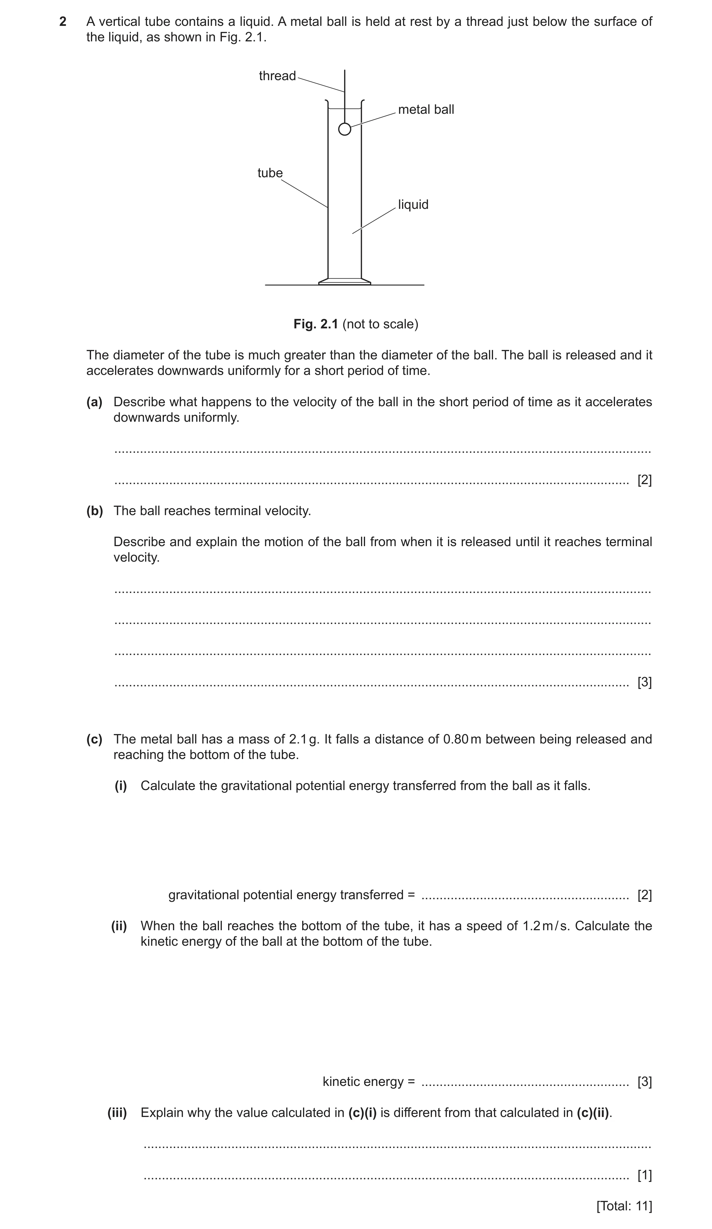 Question 24: A vertical tube contains a liquid. A metal ball is held at rest by a thread just below the surface of the liquid, as shown in Fig. 2.1. thr…