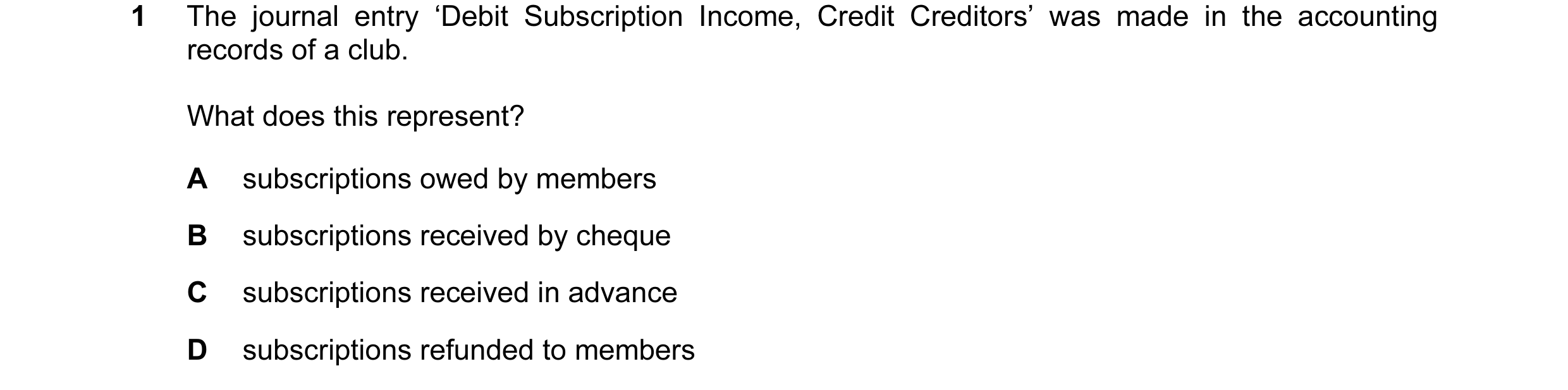 Question 228: The journal entry ‘Debit Subscription Income, Credit Creditors’ was made in the accounting records of a club. What does this represent? A s…