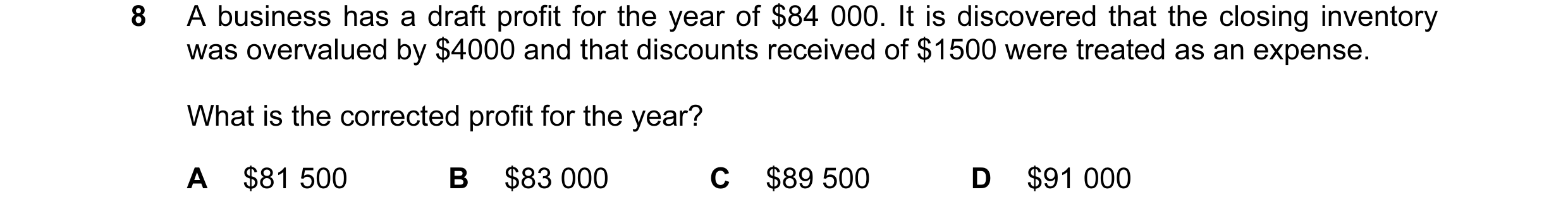 Question 71: A business has a draft profit for the year of $84 000. It is discovered that the closing inventory was overvalued by $4000 and that discoun…