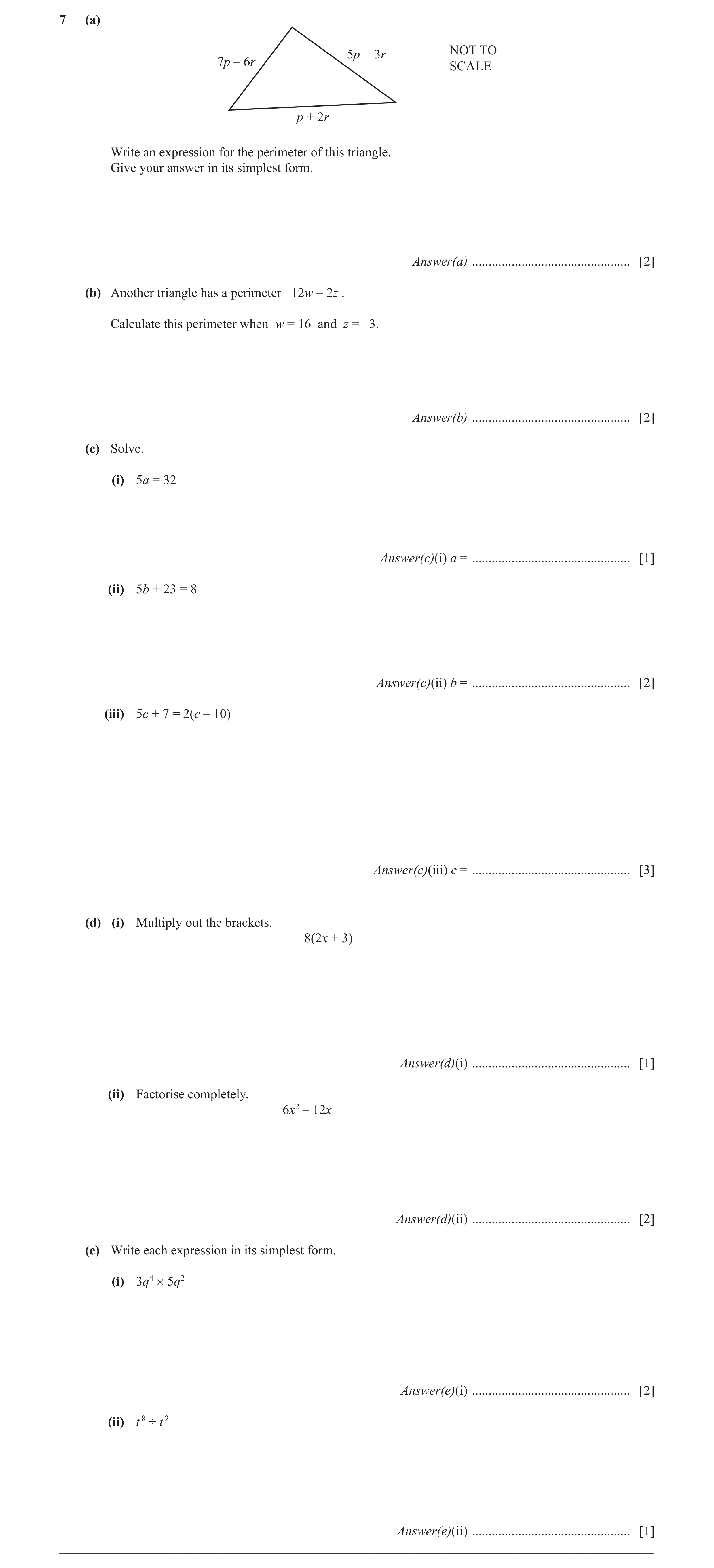Question 37: (a) NOT TO 5p + 3r 7p – 6r SCALE p + 2r Write an expression for the perimeter of this triangle. Give your answer in its simplest form. Answ…