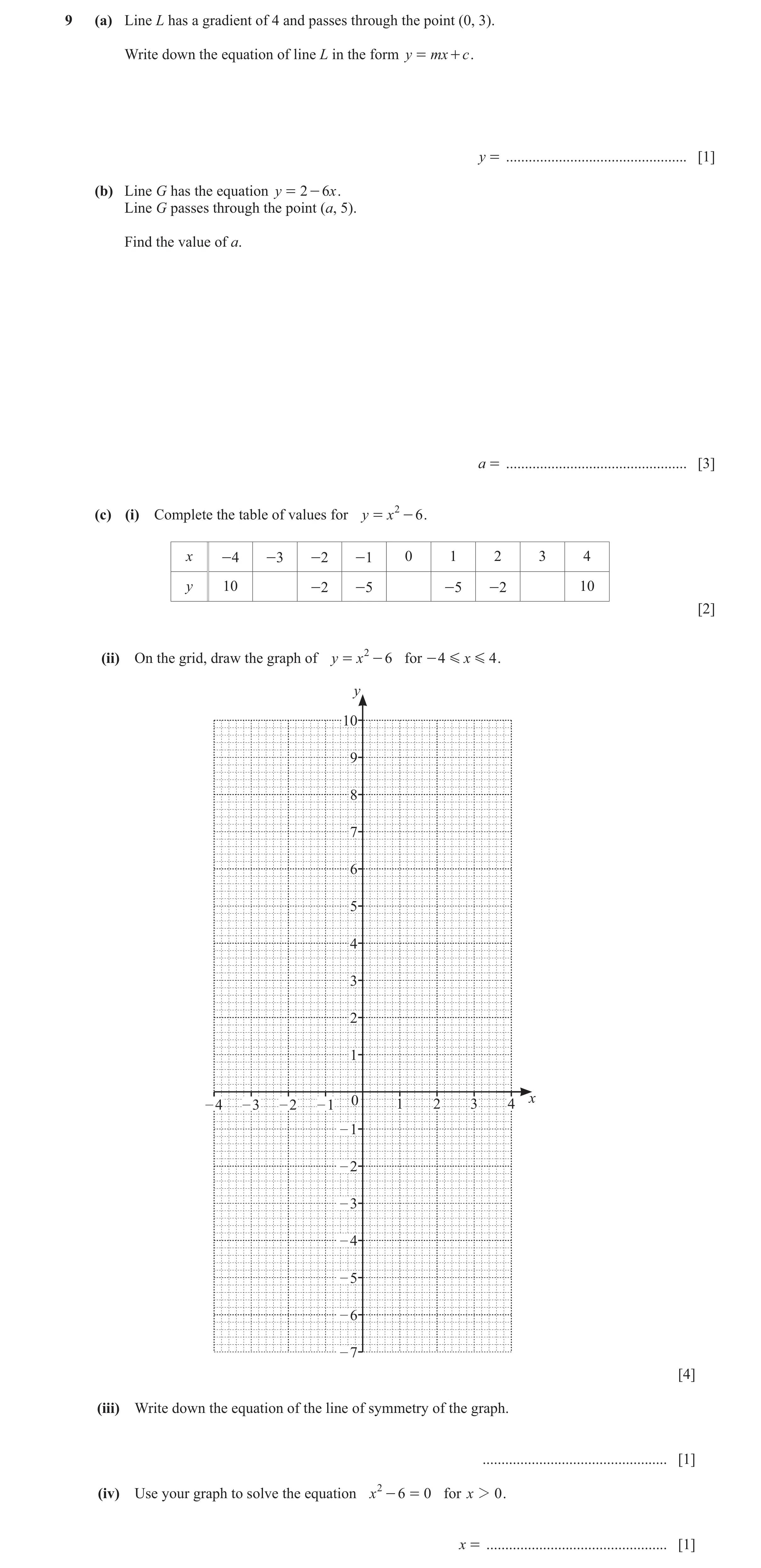 Question 84: (a) Line L has a gradient of 4 and passes through the point (0, 3). Write down the equation of line L in the form y = mx + c . y = ........…