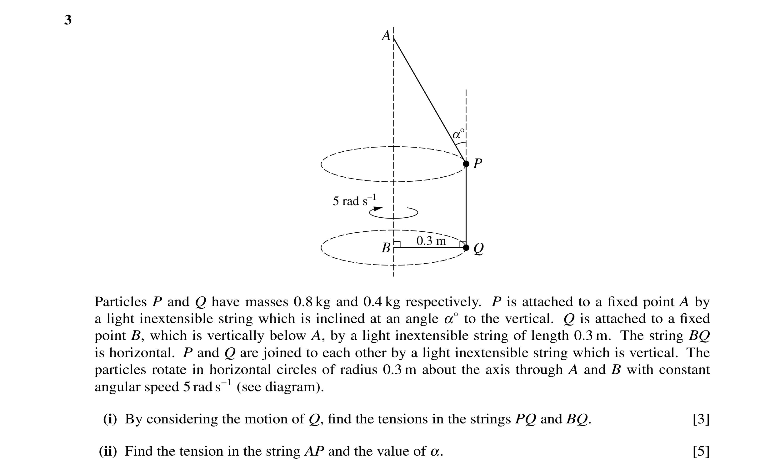 Question 50: A a° P 5 rad s–1 0.3 m B Q Particles P and Q have masses 0.8 kg and 0.4 kg respectively. P is attached to a fixed point A by a light inexten…