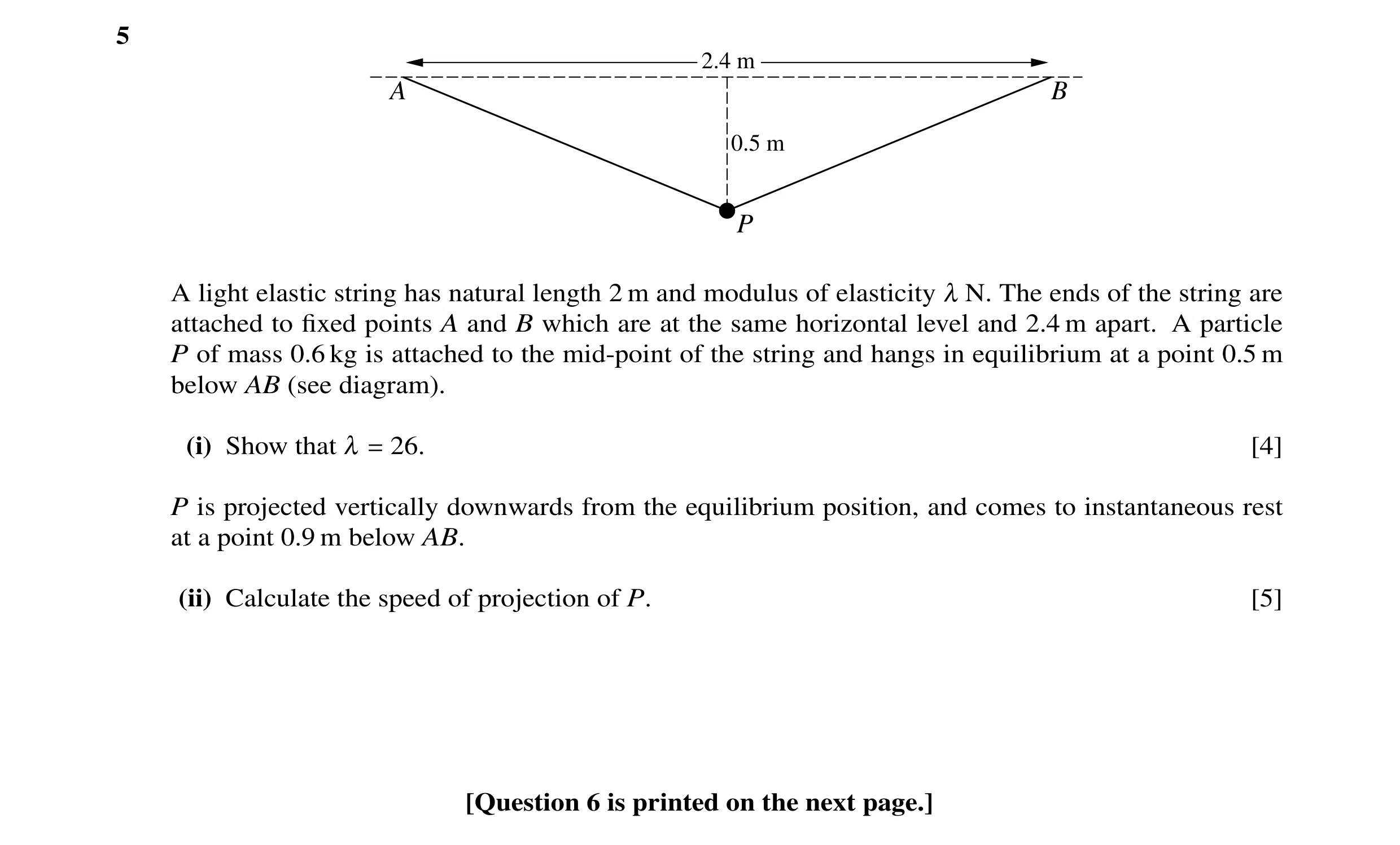 Question 52: 2.4 m A B 0.5 m P A light elastic string has natural length 2 m and modulus of elasticity λ N. The ends of the string are attached to fixed …