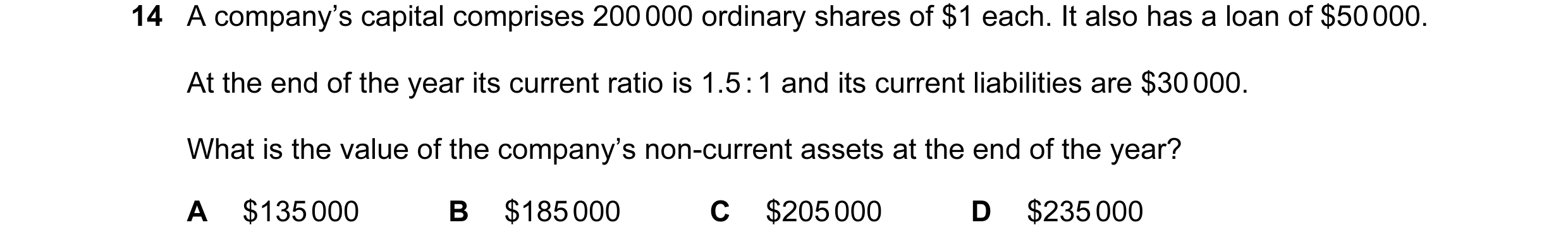 Question 37: A company’s capital comprises 200 000 ordinary shares of $1 each. It also has a loan of $50 000. At the end of the year its current ratio i…
