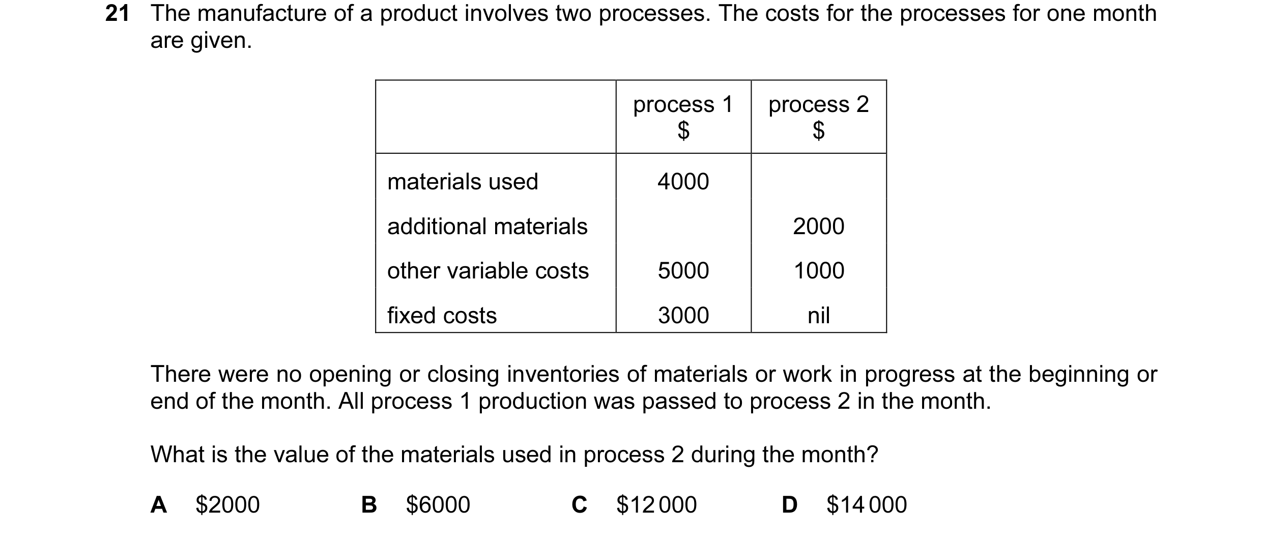Question 77: The manufacture of a product involves two processes. The costs for the processes for one month are given. process 1 process 2 $ $ materials…
