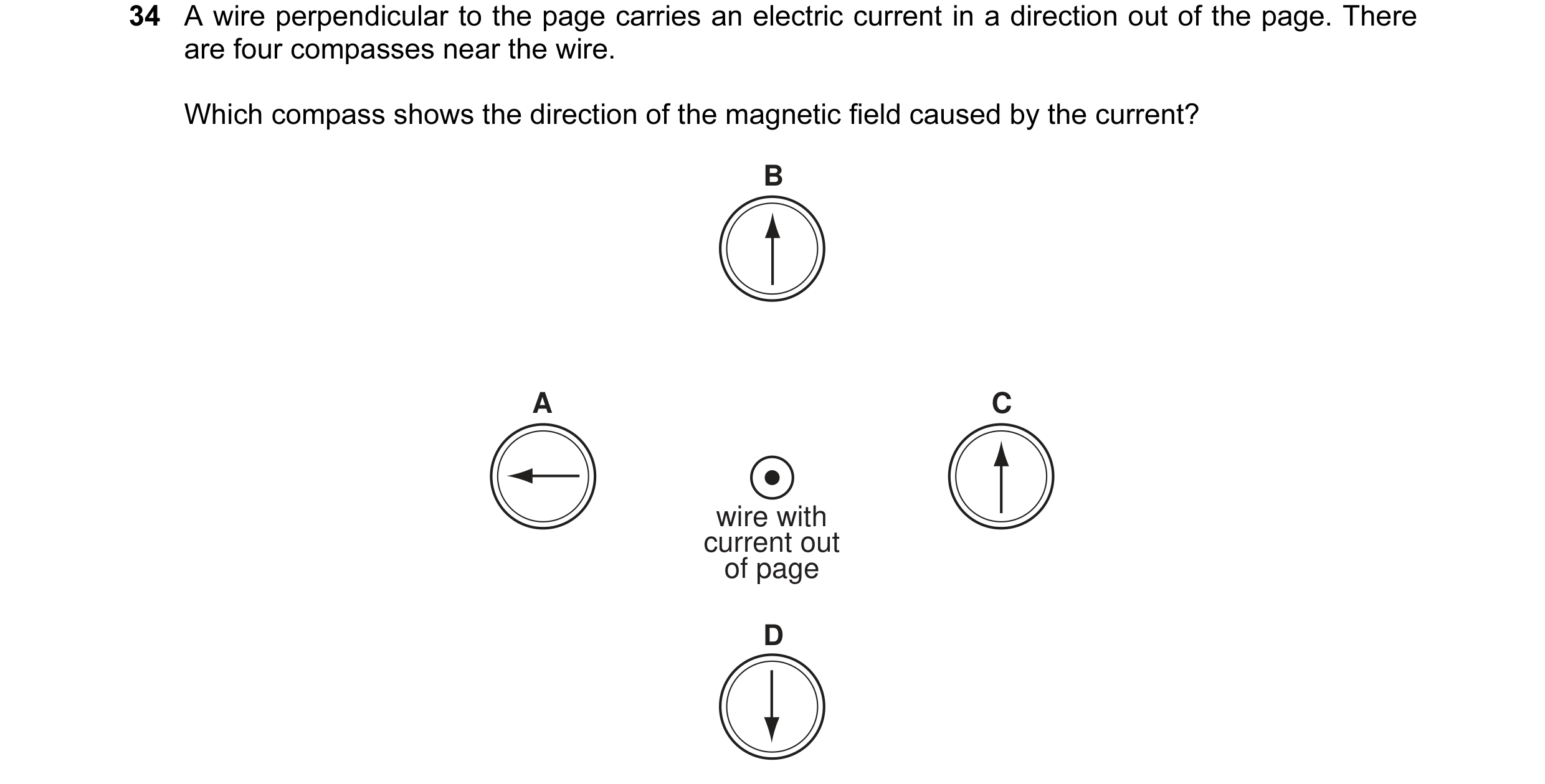 Question 19: A wire perpendicular to the page carries an electric current in a direction out of the page. There are four compasses near the wire. Which …