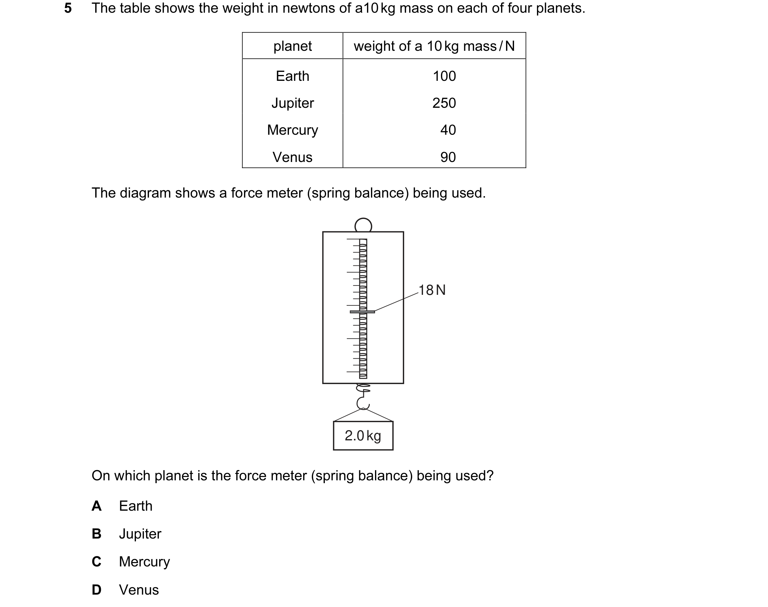 Question 24: The table shows the weight in newtons of a10 kg mass on each of four planets. planet weight of a 10 kg mass / N Earth 100 Jupiter 250 Mercu…