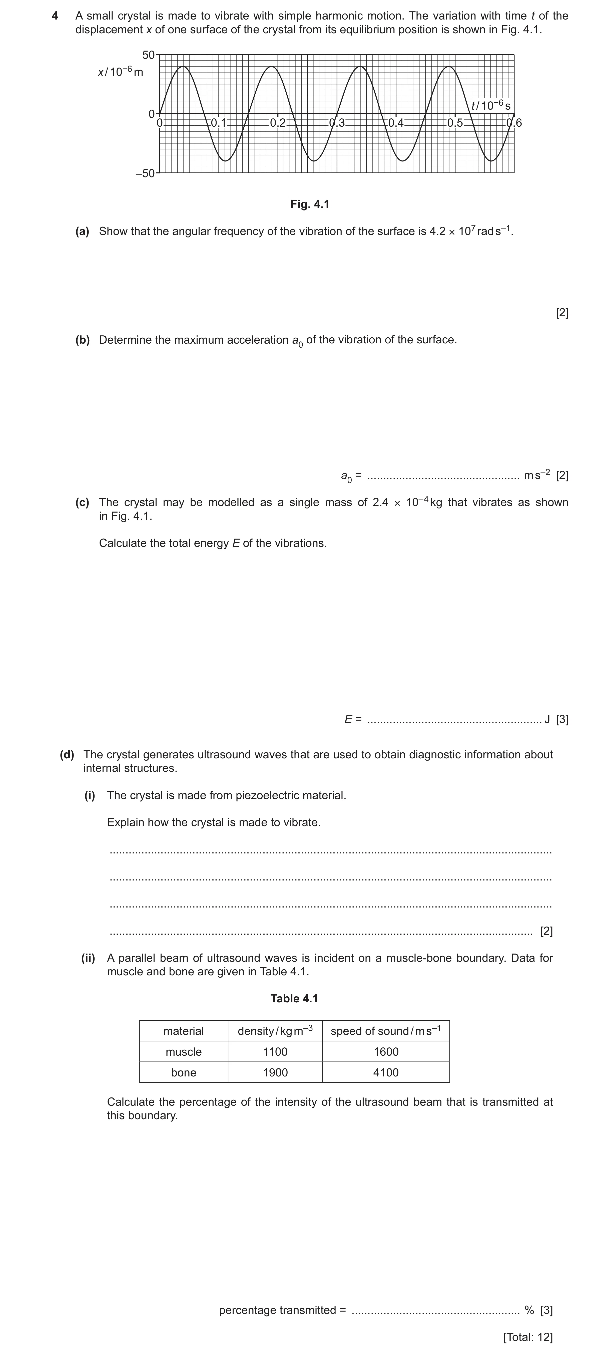 Question 51: A small crystal is made to vibrate with simple harmonic motion. The variation with time t of the displacement x of one surface of the cryst…