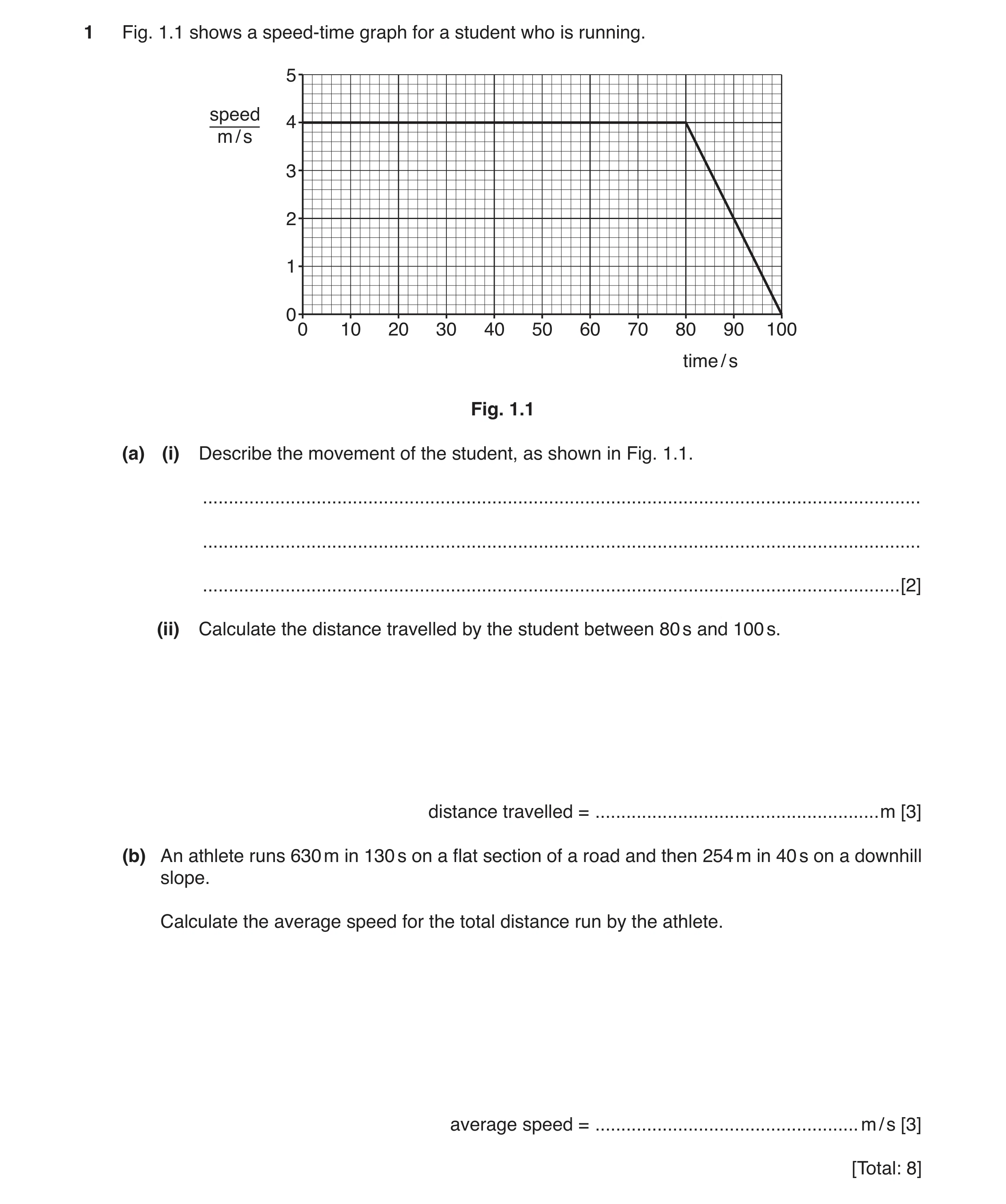 Question 13: Fig. 1.1 shows a speed-time graph for a student who is running. 5 speed 4 m / s 3 2 1 00 10 20 30 40 50 60 70 80 90 100 time / s Fig. 1.1 (…