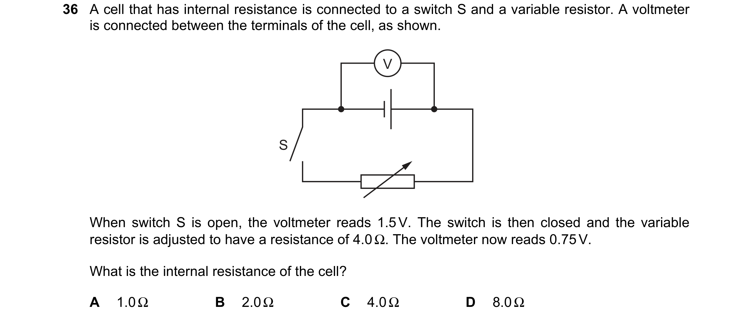 Question 171: A cell that has internal resistance is connected to a switch S and a variable resistor. A voltmeter is connected between the terminals of t…