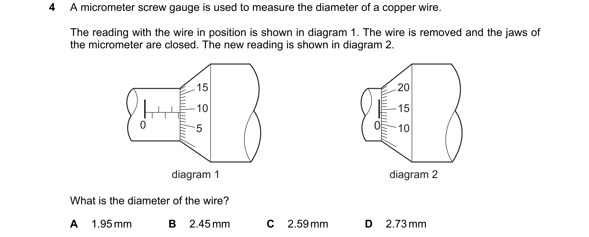 Question 121: A micrometer screw gauge is used to measure the diameter of a copper wire. The reading with the wire in position is shown in diagram 1. The…