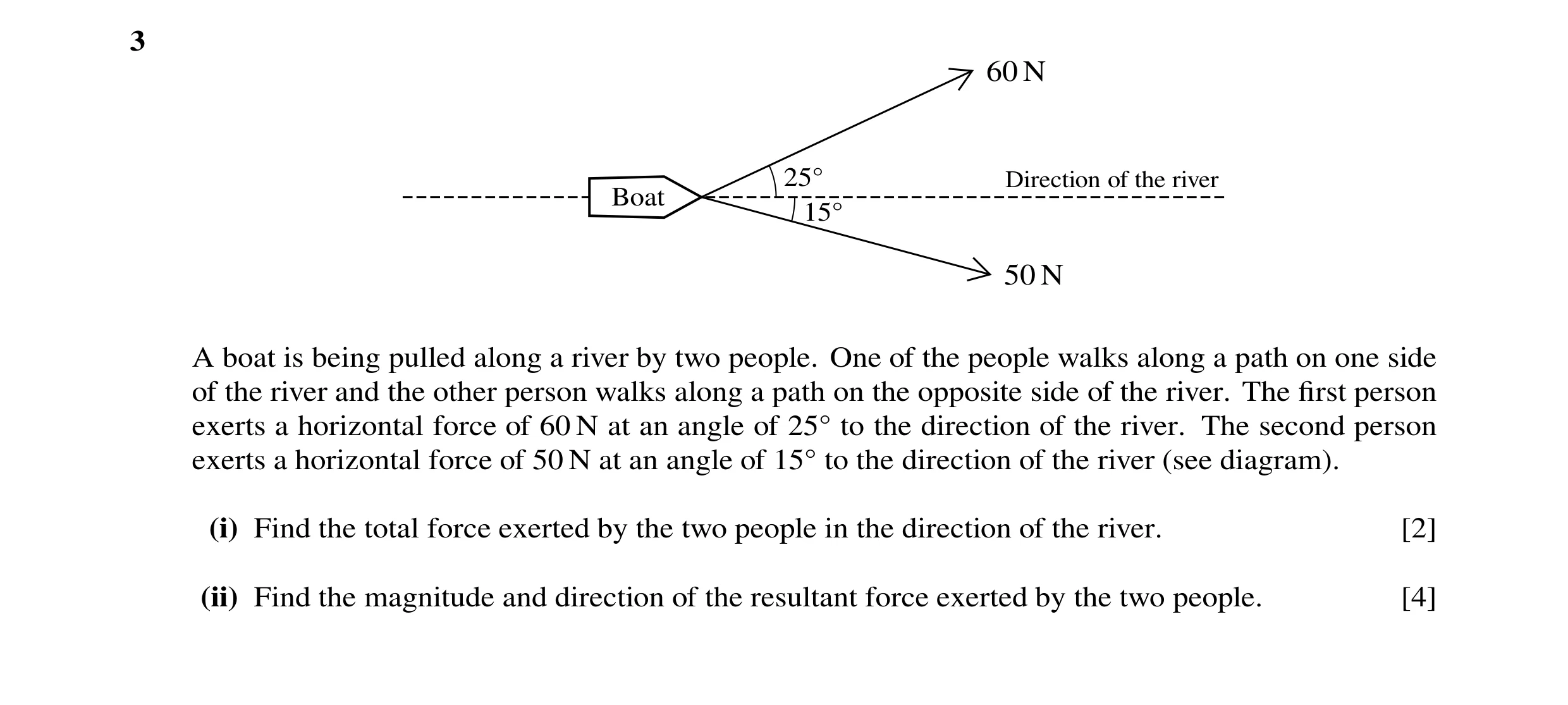 Question 90: 60 N 25Å Direction of the river Boat 15Å 50 N A boat is being pulled along a river by two people. One of the people walks along a path on o…