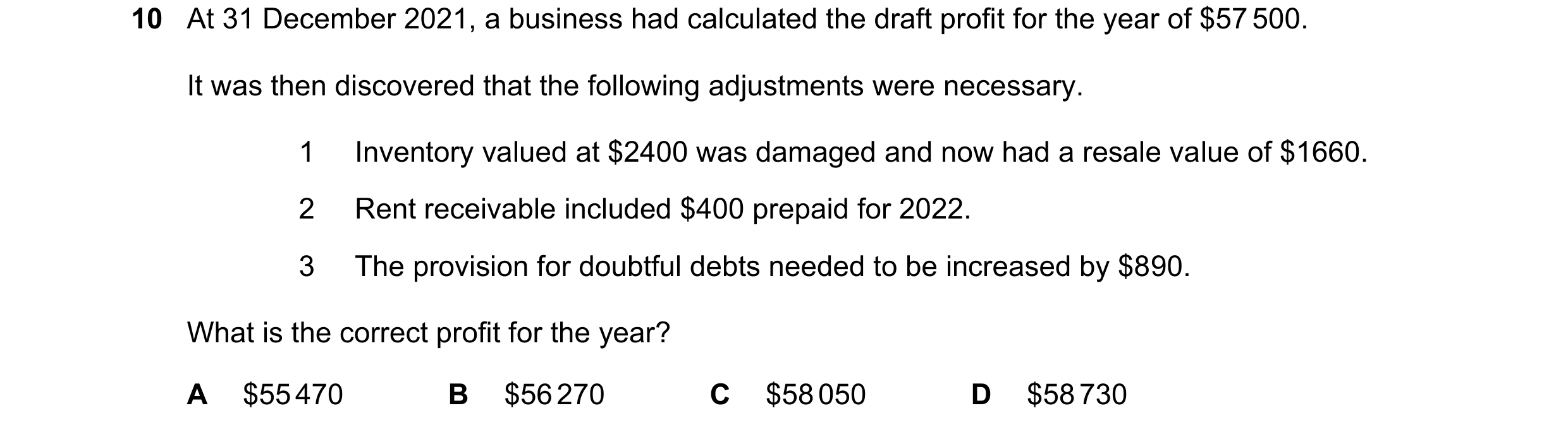 Question 714: At 31 December 2021, a business had calculated the draft profit for the year of $57 500. It was then discovered that the following adjustme…