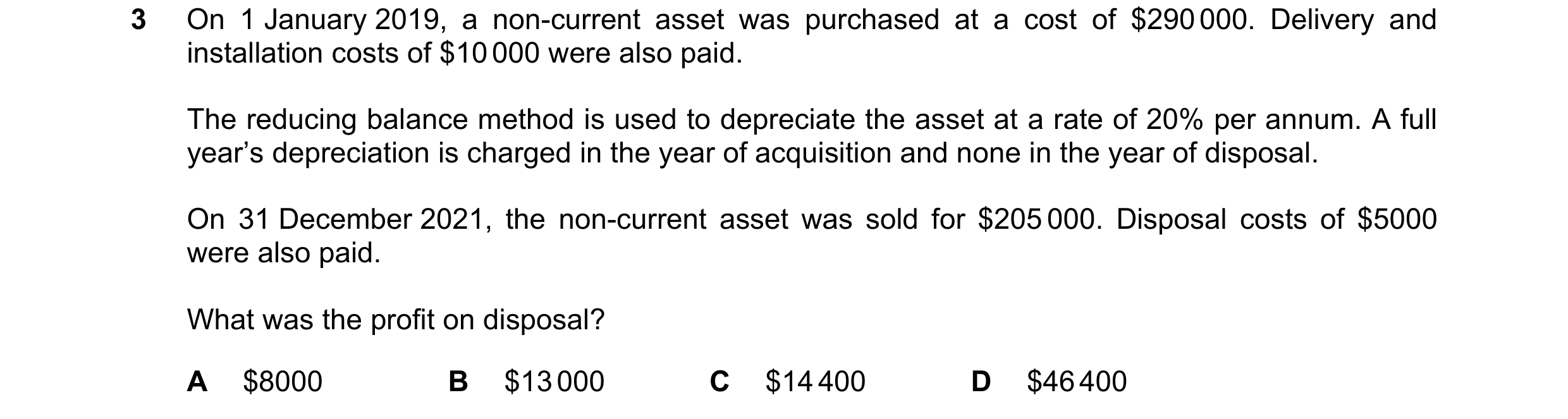 Question 224: On 1 January 2019, a non-current asset was purchased at a cost of $290 000. Delivery and installation costs of $10 000 were also paid. The …