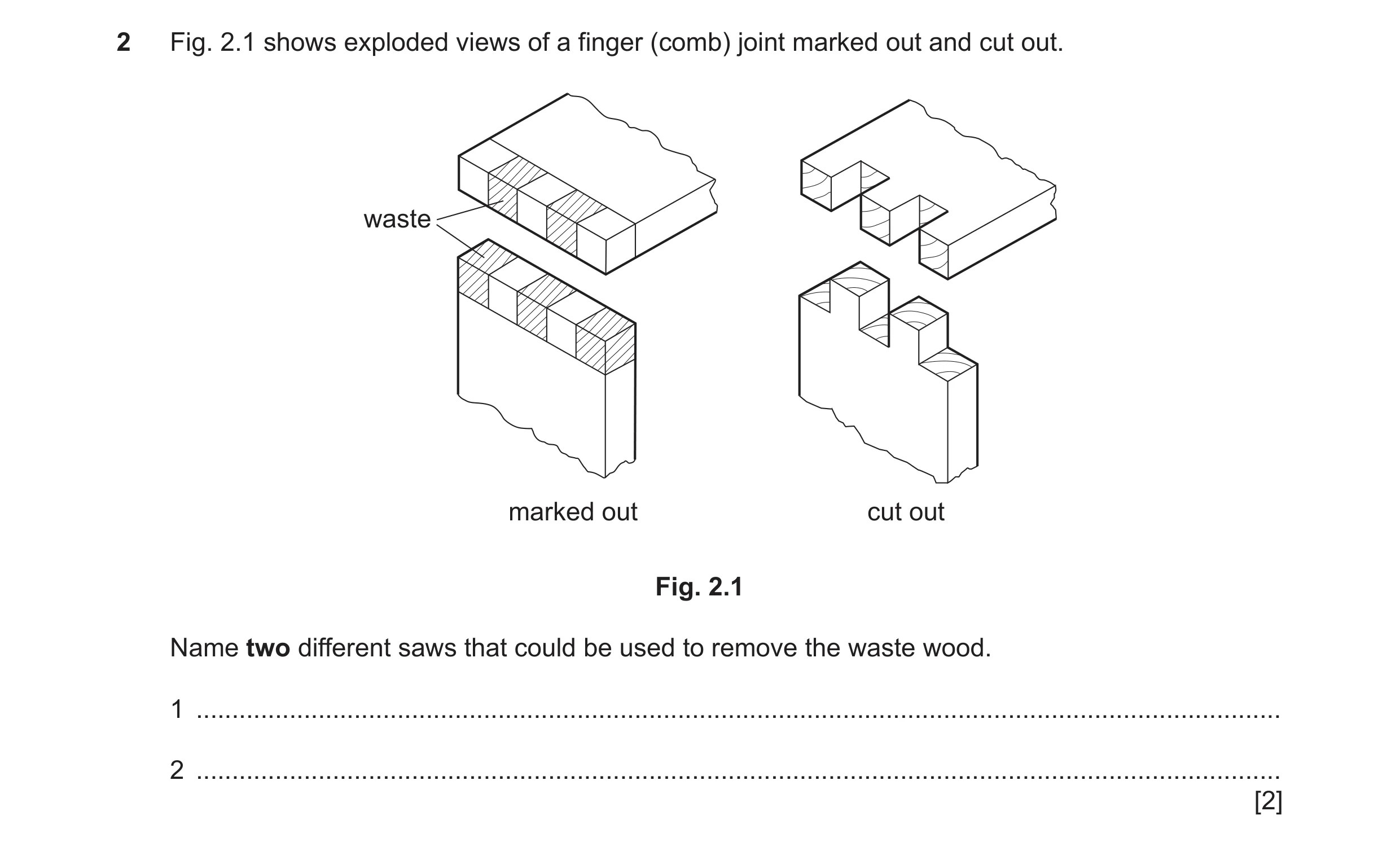 Question 360: Fig. 2.1 shows exploded views of a finger (comb) joint marked out and cut out. waste marked out cut out Fig. 2.1 Name two different saws th…