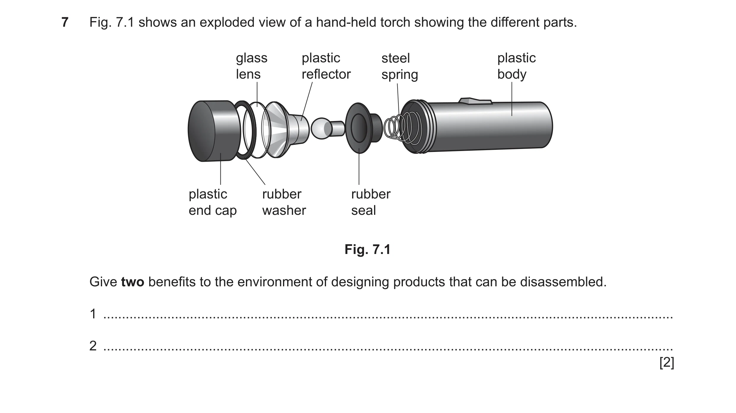 Question 365: Fig. 7.1 shows an exploded view of a hand-held torch showing the different parts. glass plastic steel plastic lens reflector spring body pl…