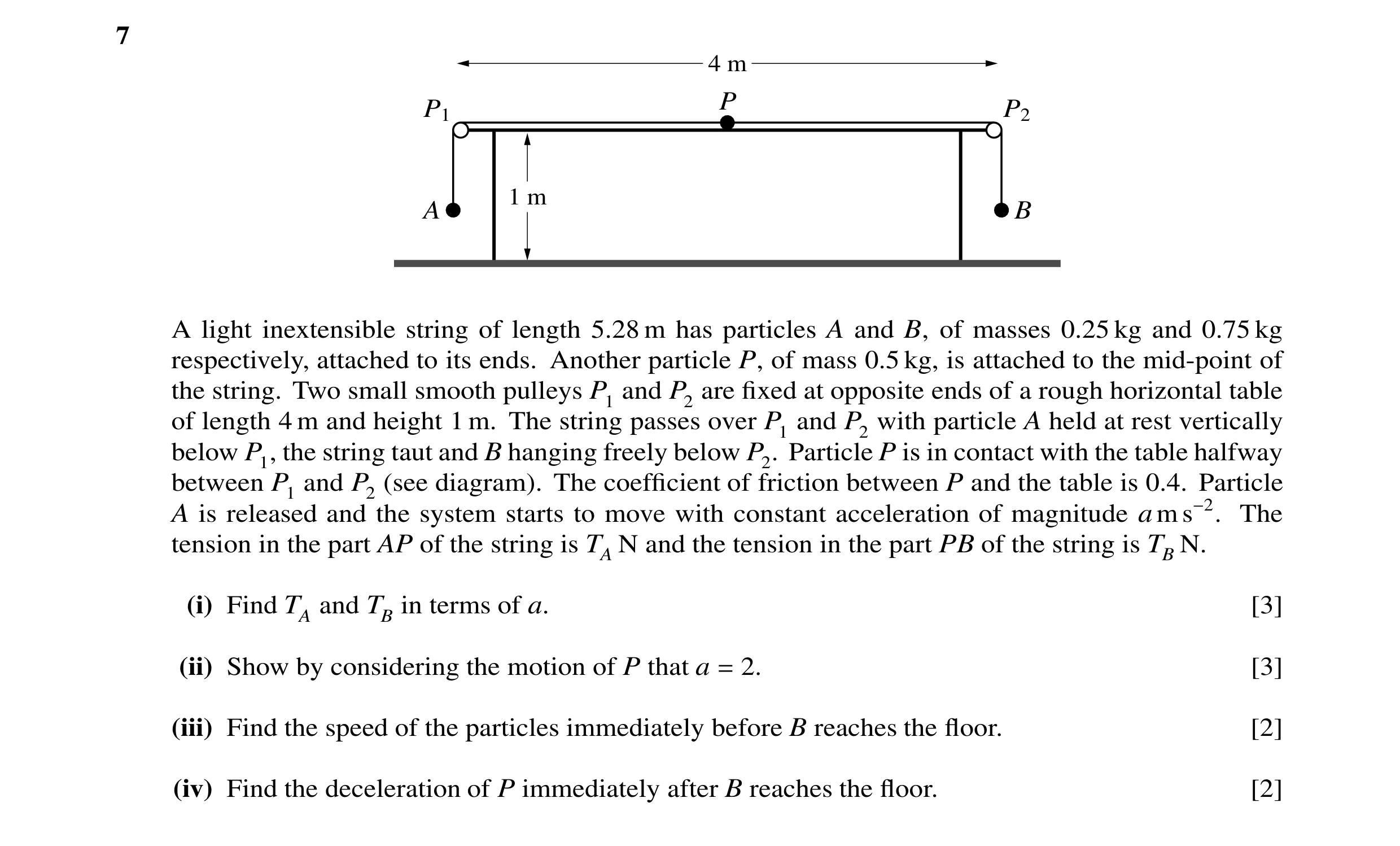 Question 115: 4 m P P1 P2 1 m A B A light inextensible string of length 5.28 m has particles A and B, of masses 0.25 kg and 0.75 kg respectively, attache…